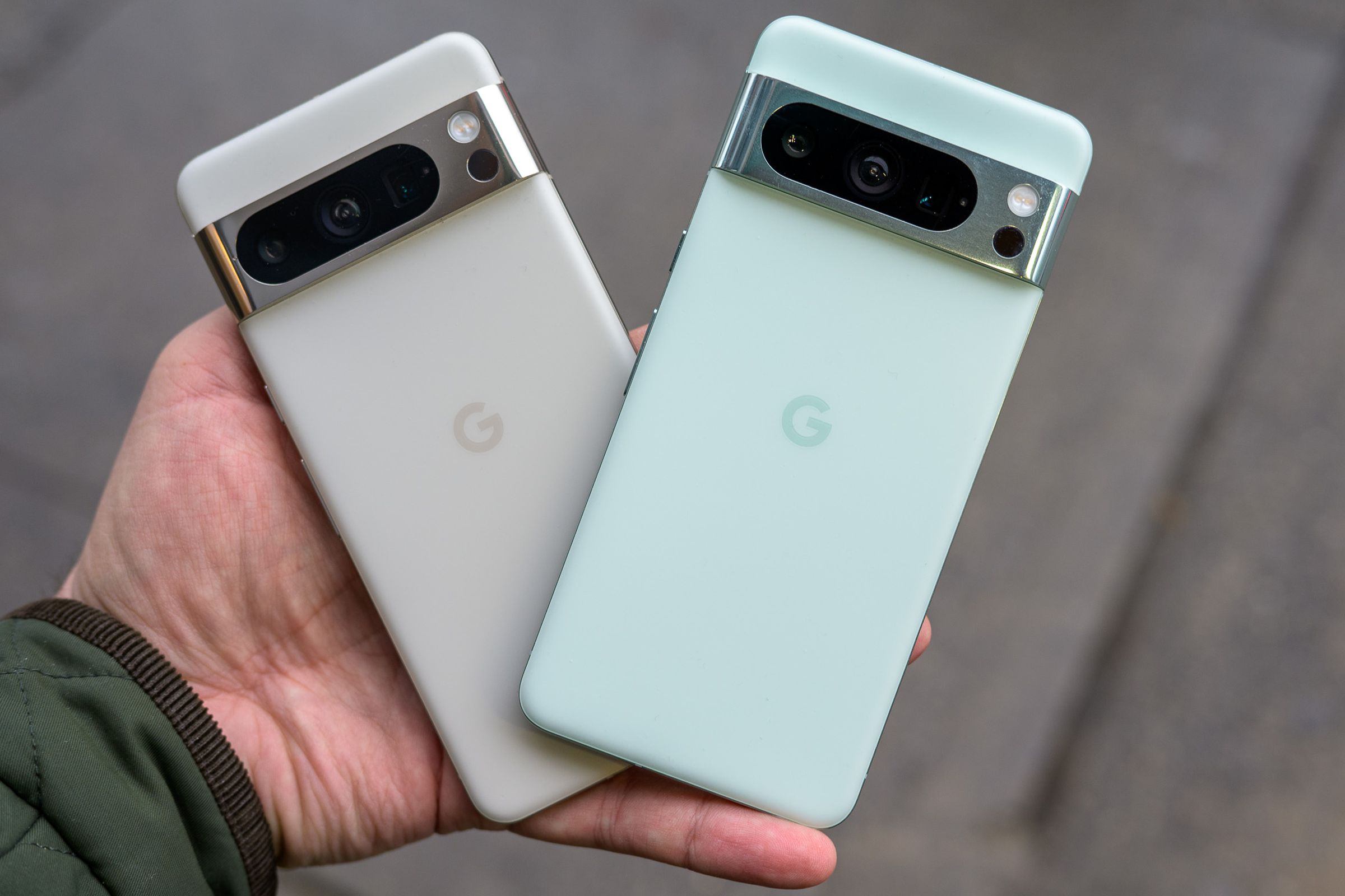 A photo comparing two colors of Google’s Pixel 8 Pro smartphone.