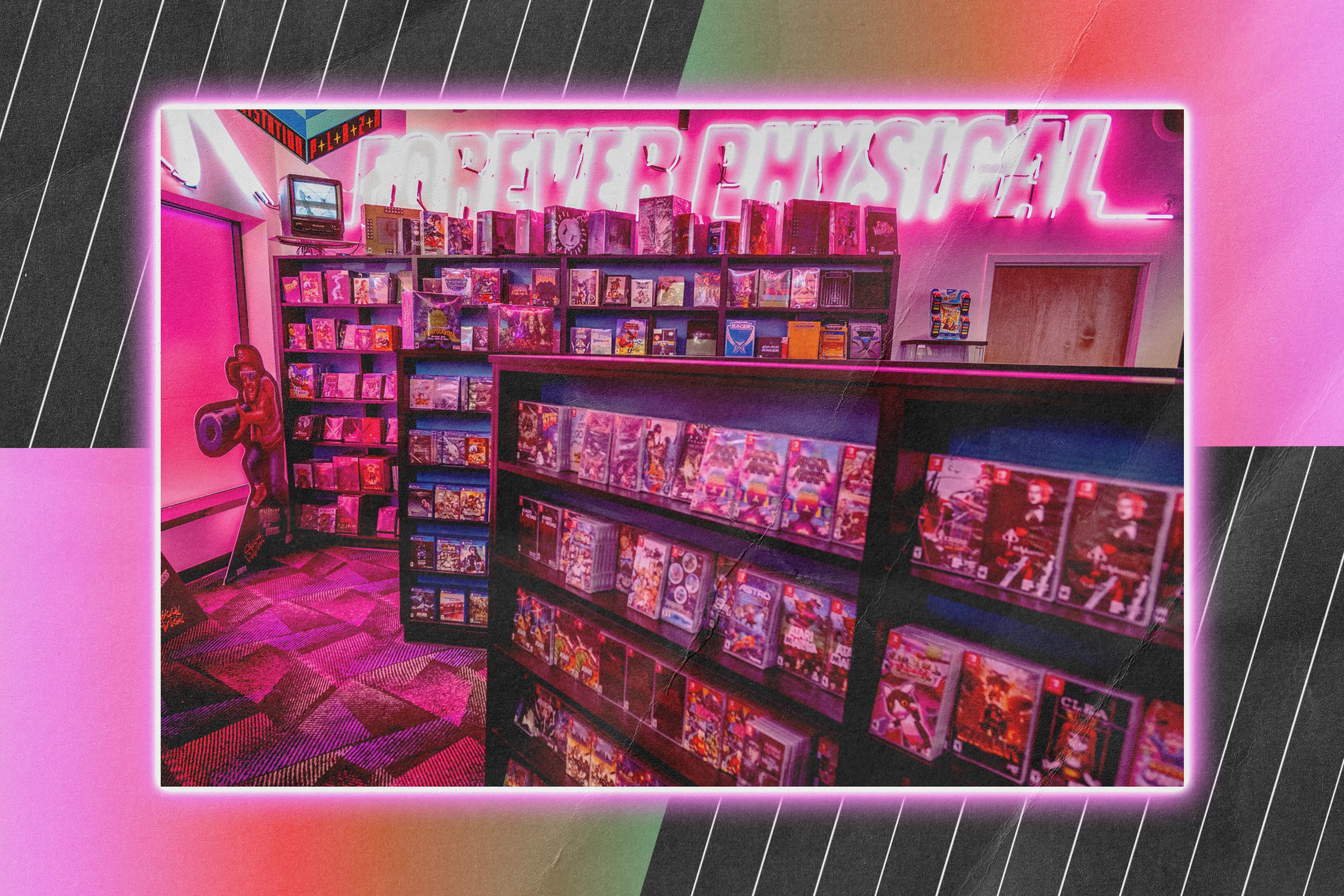 Photo in a graphic frame of Limited Run’s game store, showing shelves full of games and a pink neon sign that says “Forever Physical”.