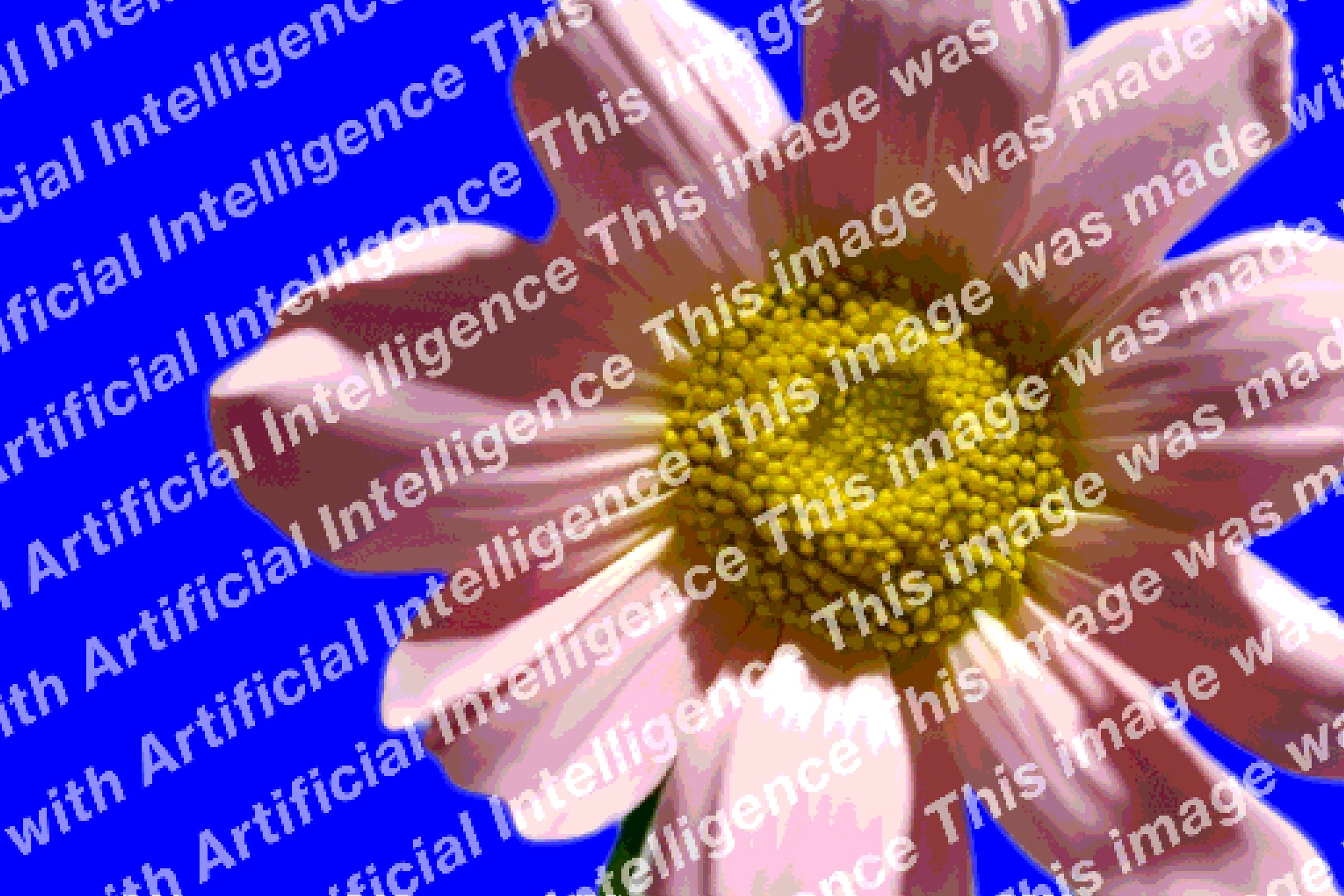 Photo of a flower covered in a watermark stating the image was made by artificial intelligence.