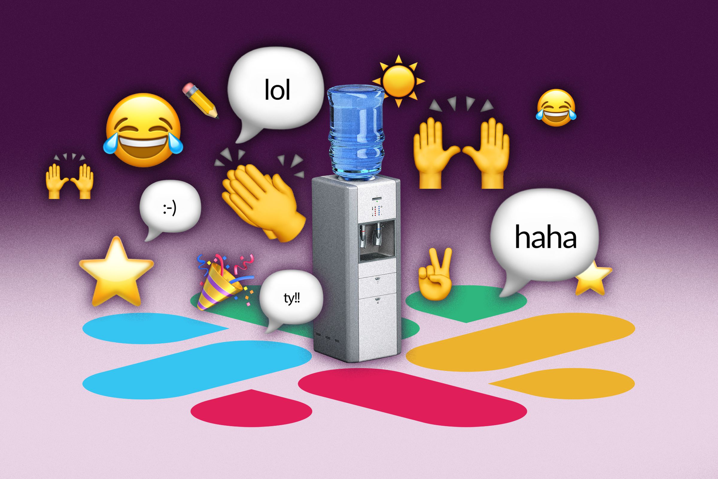 Illustration of a water cooler surrounded by emoji reactions and speech bubbles.