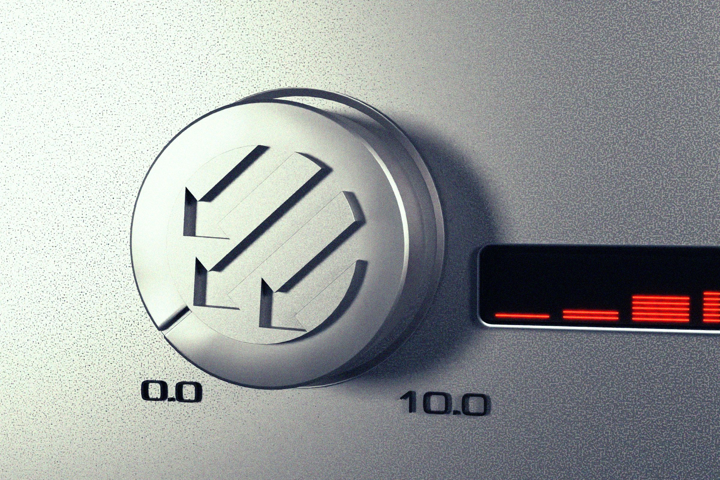 3D illustration of a volume knob with the Pitchfork logo being turned down.