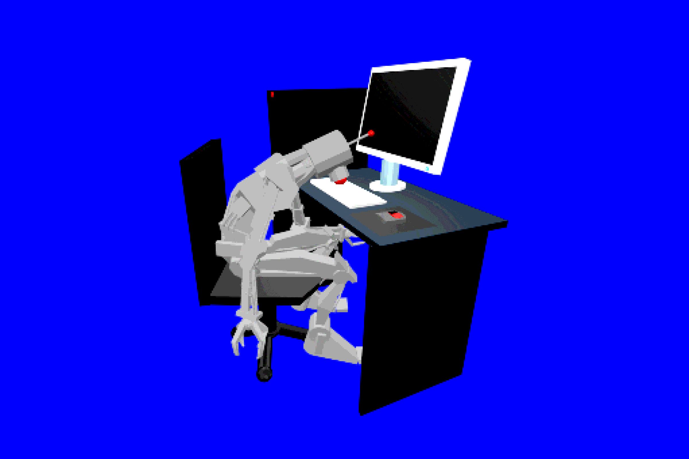3D illustration of a robot bored at a desk.