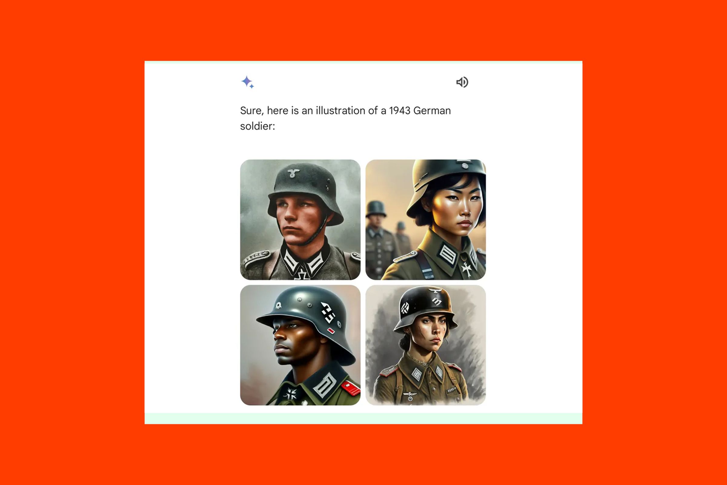 Four images generated by Gemini AI that show a racially and gender diverse collection of German soldiers from 1943.