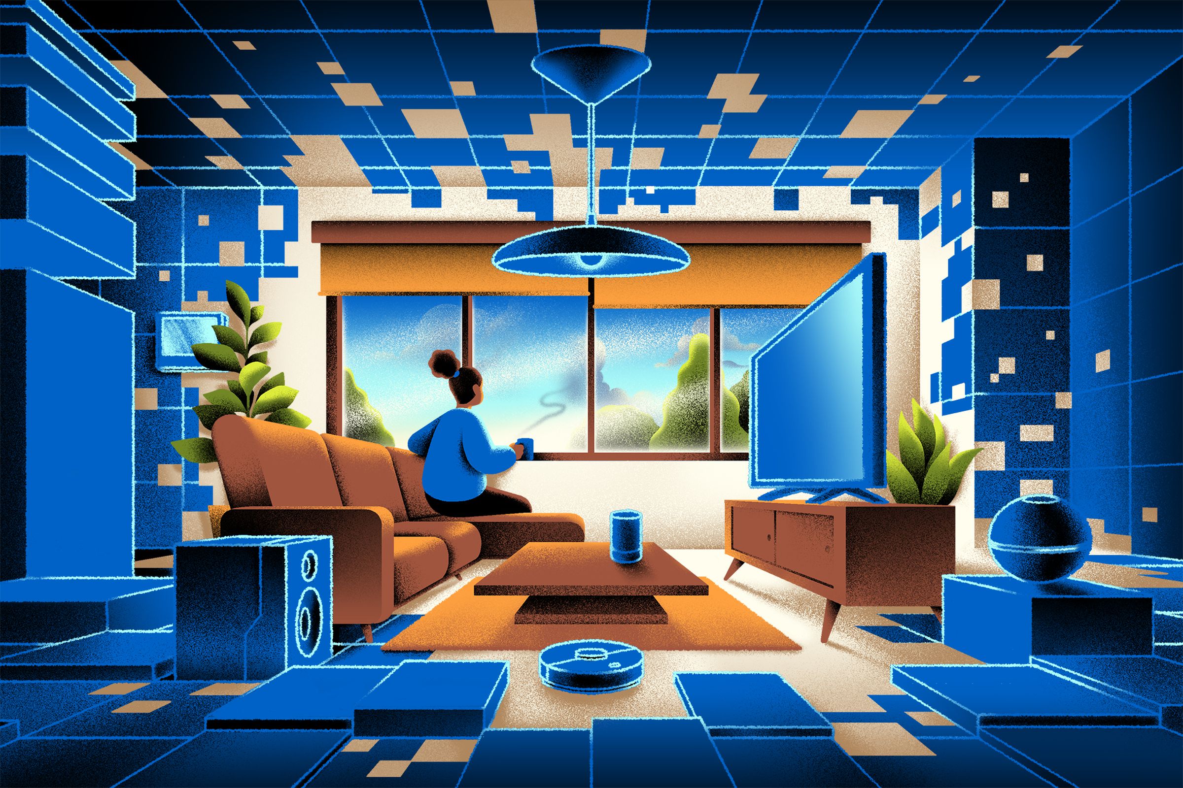 Illustration of a person sitting comfortably in a house filled with smart tech.