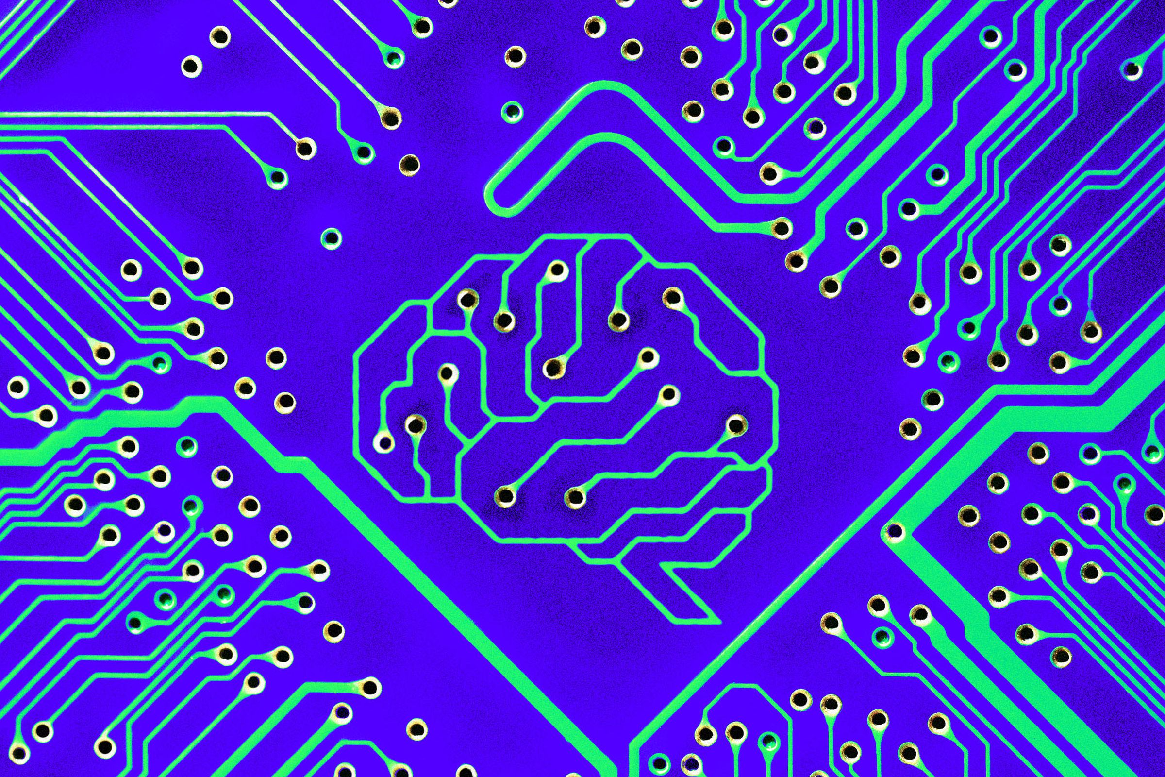 Photo illustration of the shape of a brain on a circuit board.