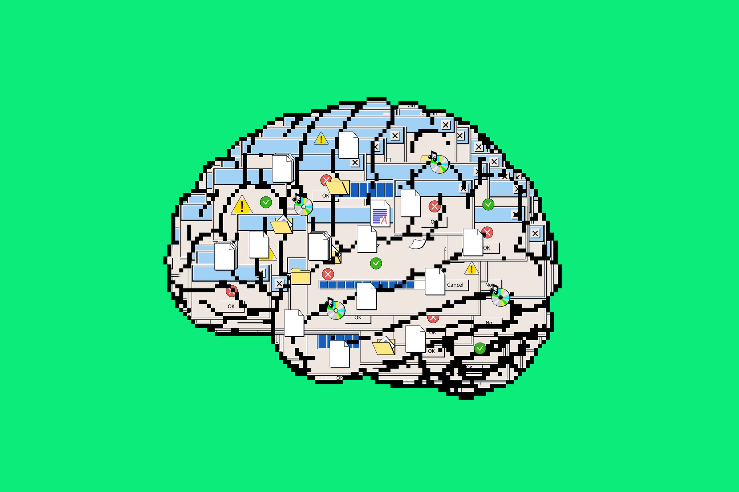 Illustration of a line art pixel brain filled with computer commands, files, and folders.