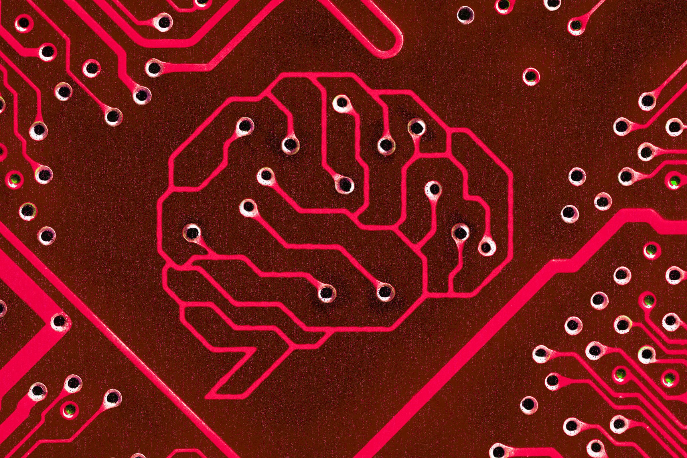 Photo illustration of a brain on a circuitboard in red.