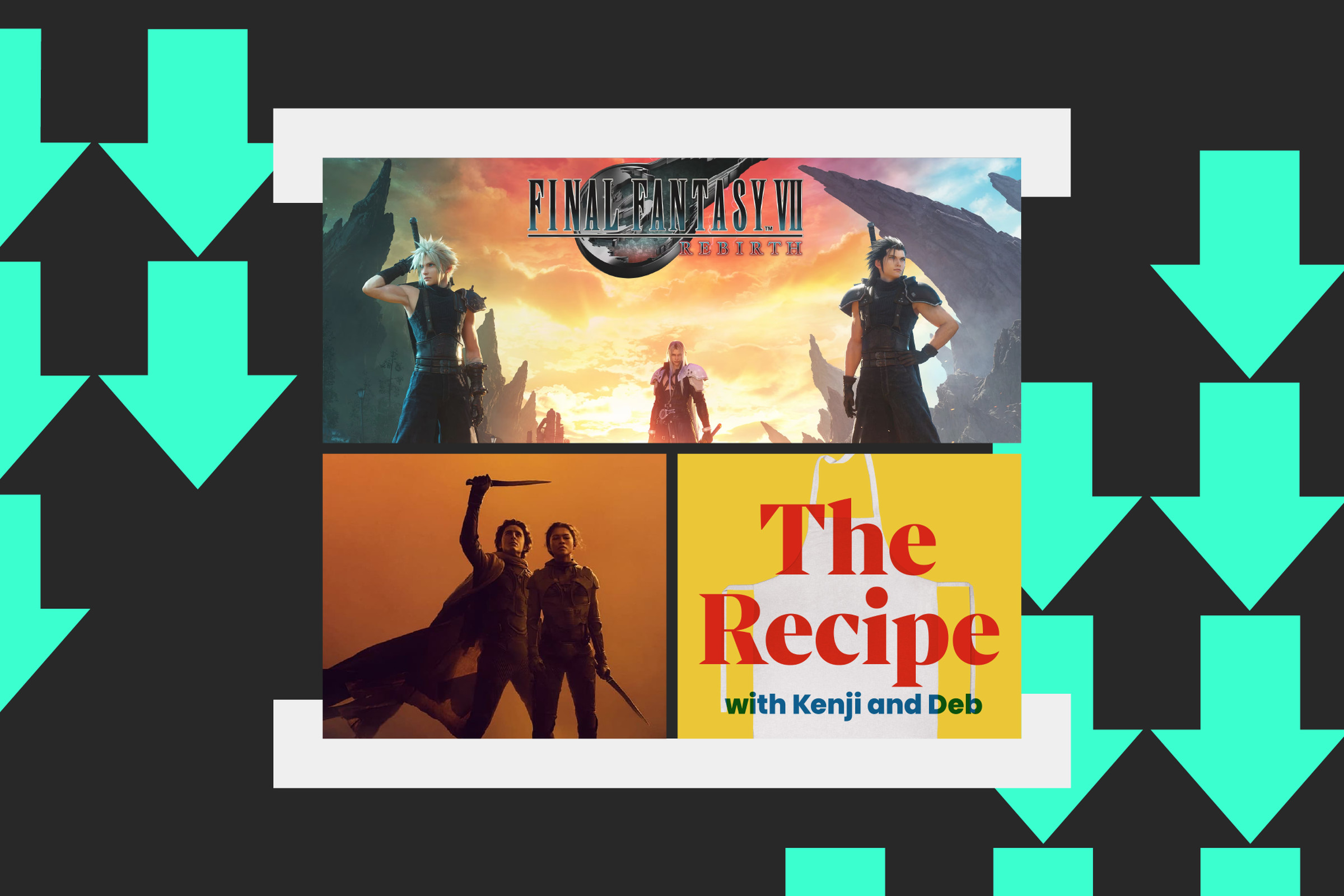 Photo collage of Dune, Final Fantasy, and the Recipe podcast art.