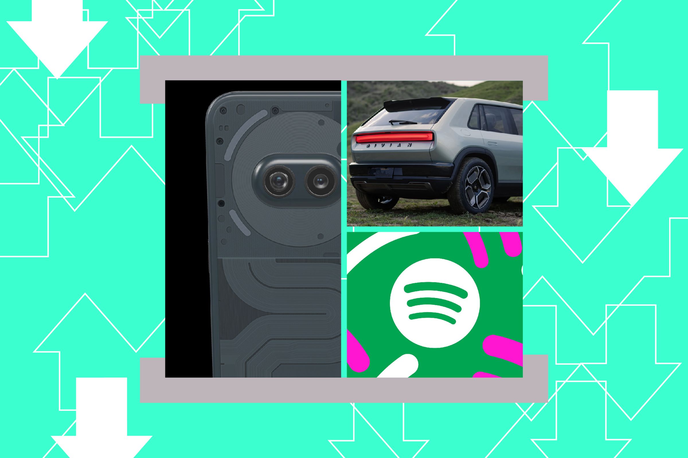 Photo collage of Nothing phone, Rivian R3, and Spotify logo. 