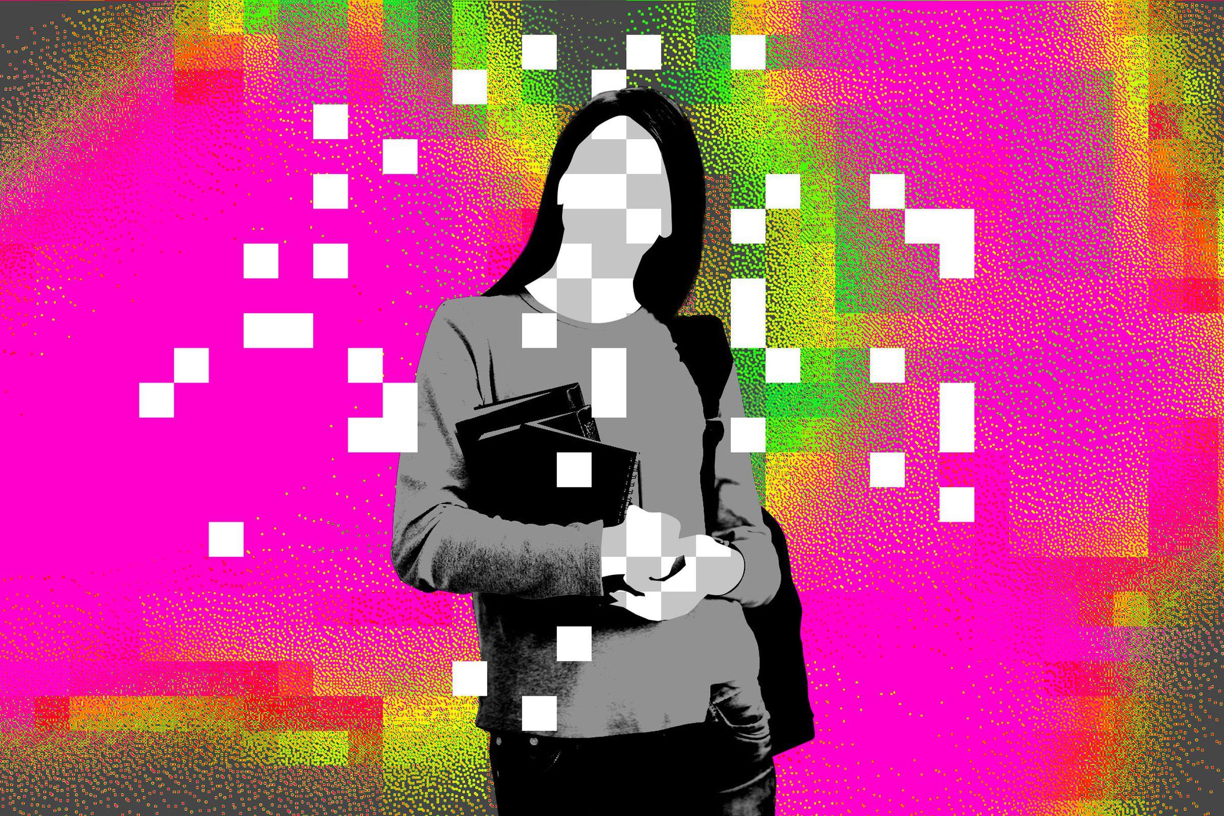 Photo illustration of a teenage girl with pixels obscuring her identity.