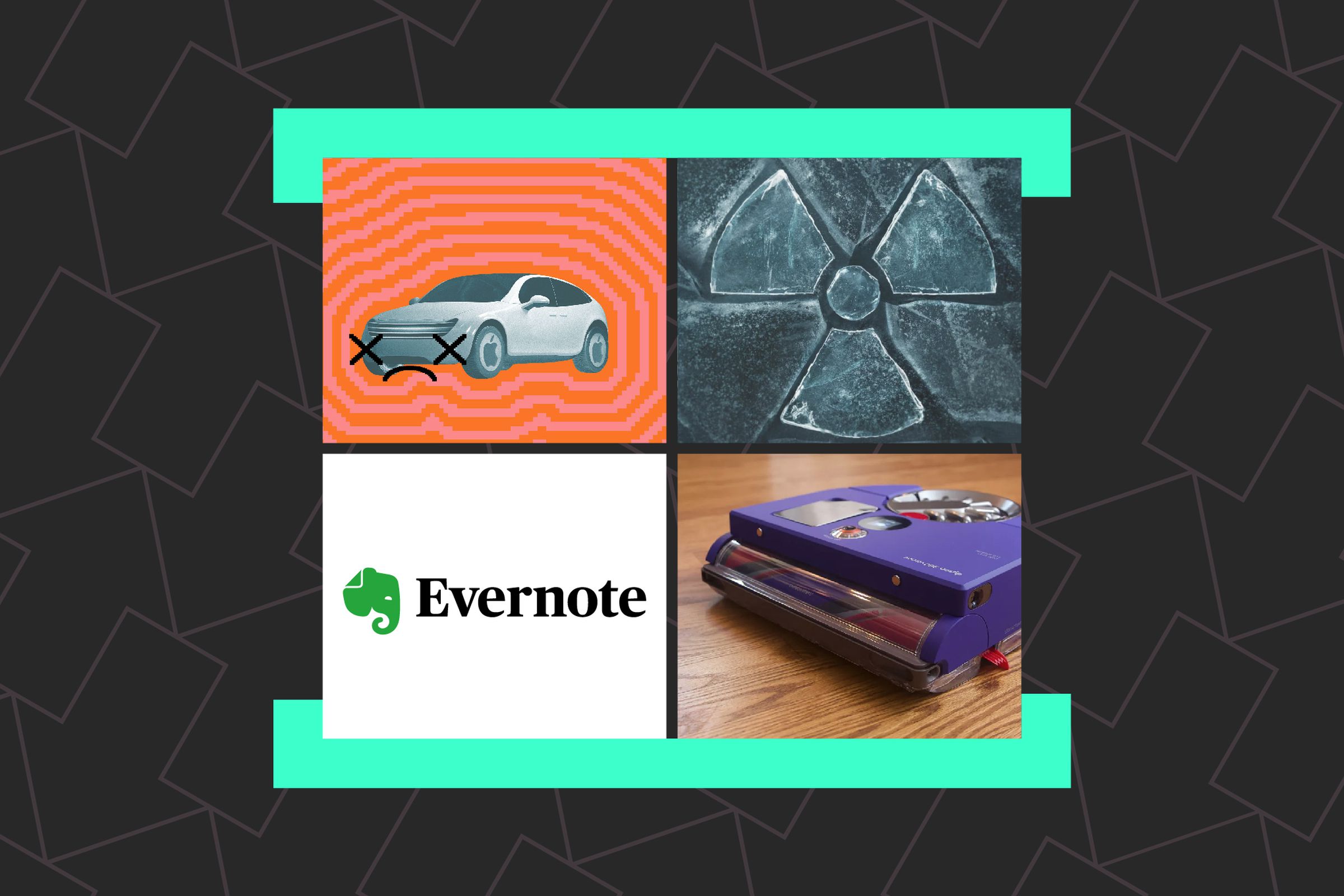 Photo collage of Apple car, Evernote logo, Dyson robot vac, and Turning Point key art for Installer.