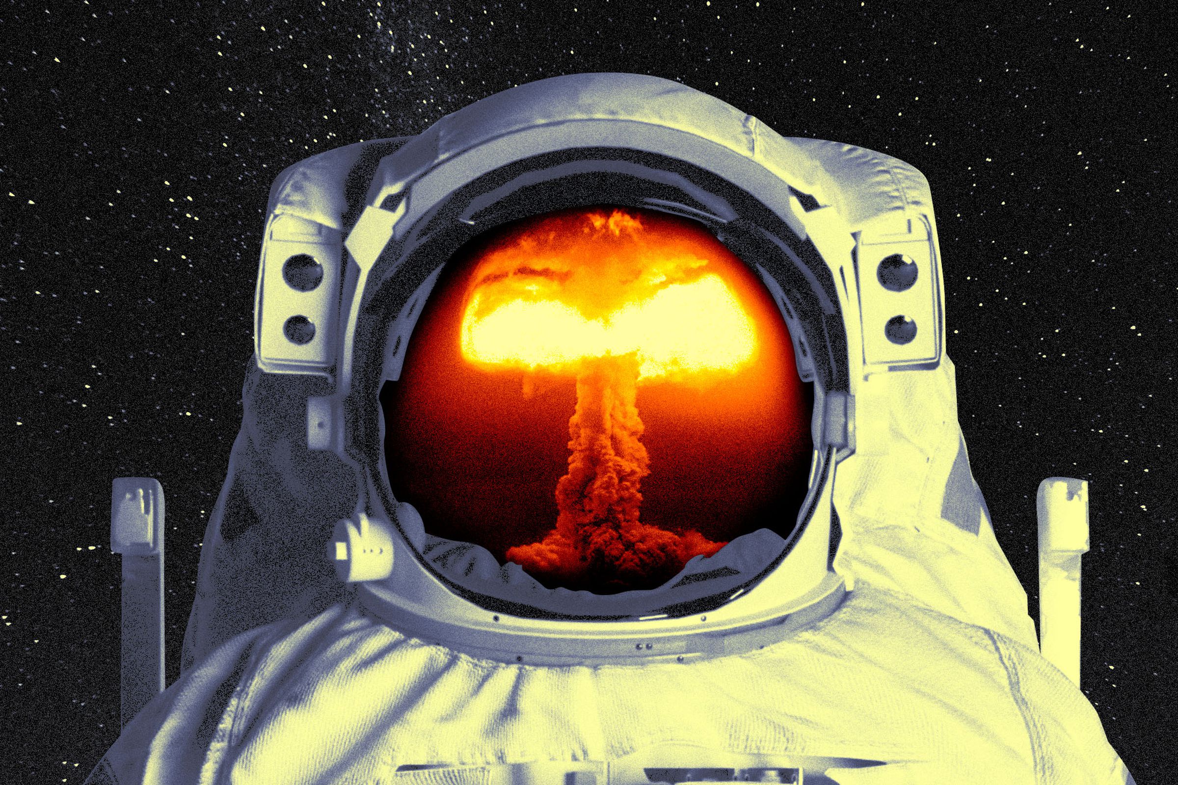 Photo collage of an astronaut with the reflection of a mushroom cloud in their helmet.