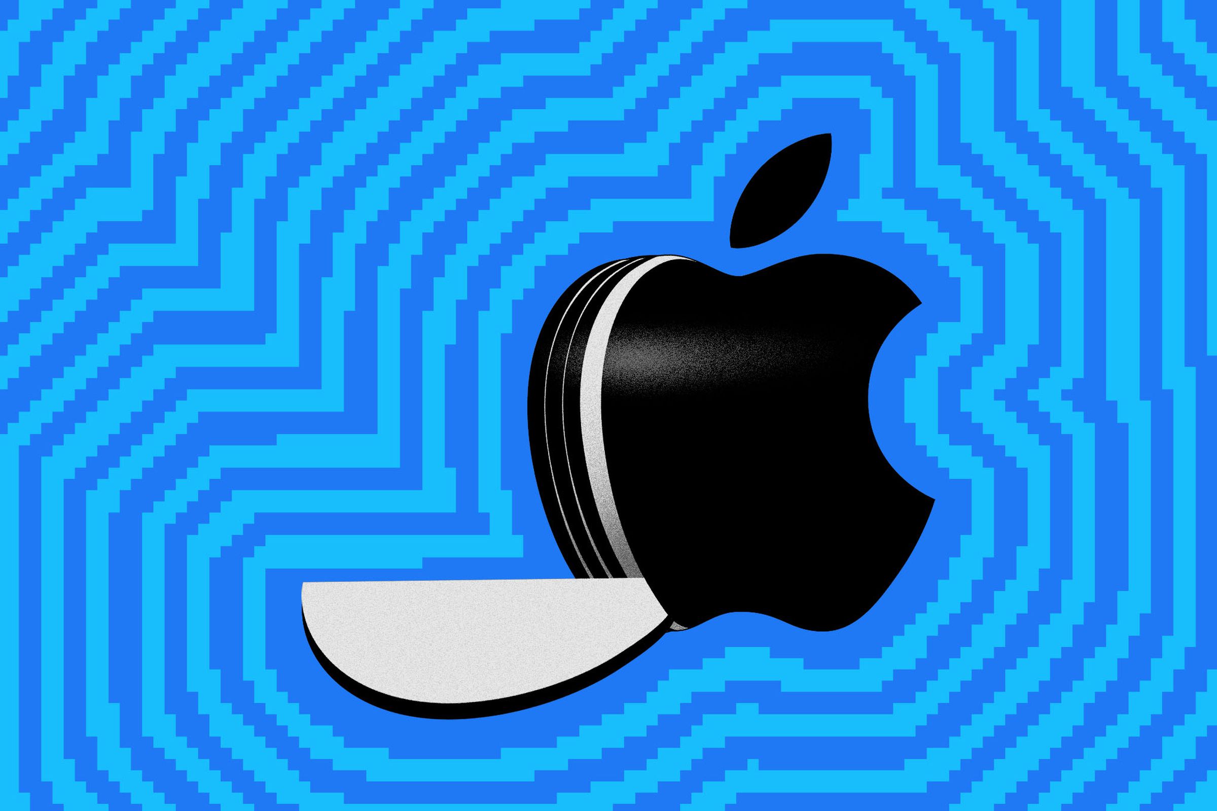 Illustration of the Apple logo with a slice falling out of it, implying breaking up a monopoly.