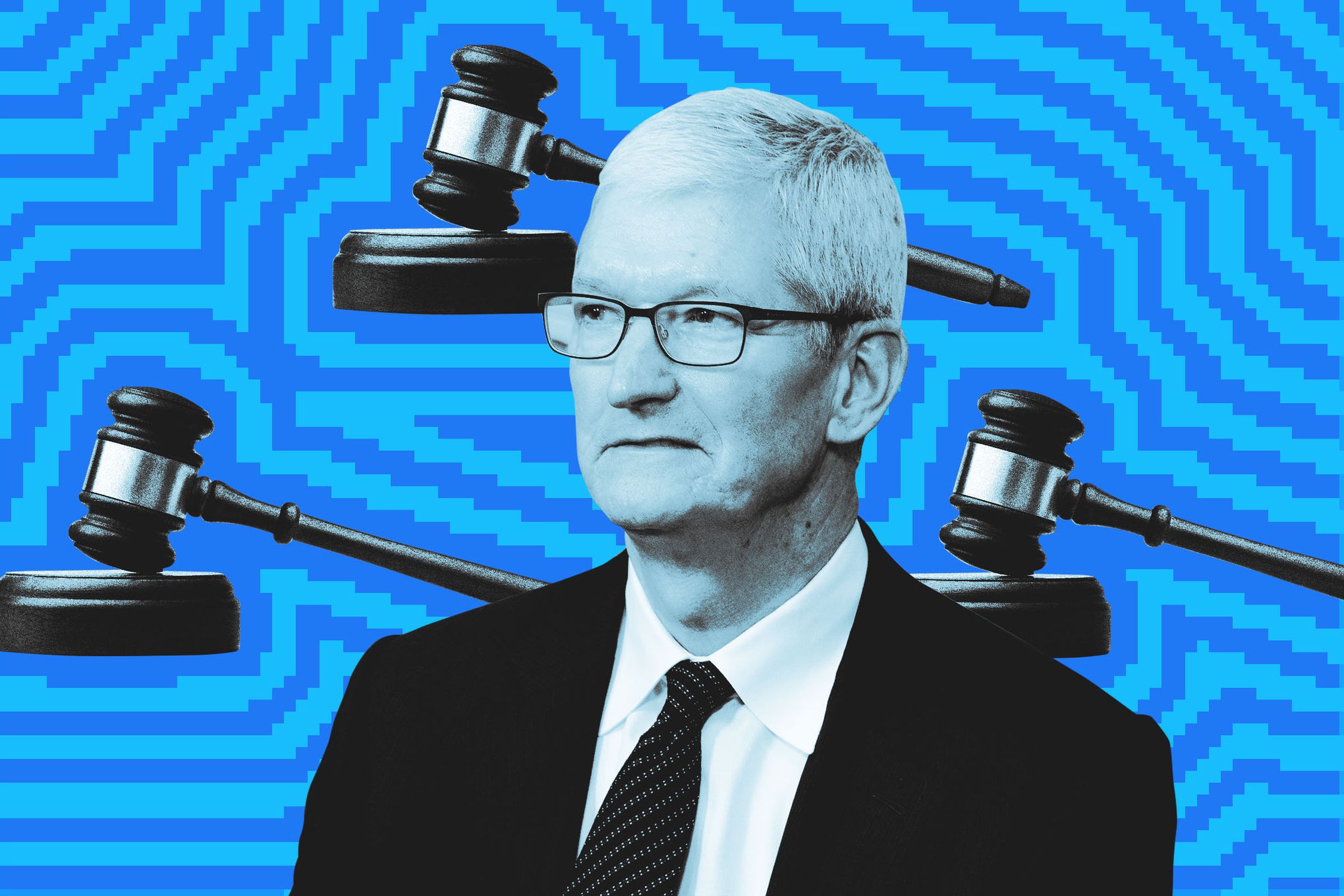 Photo illustration of Tim Cook in front of gavels.