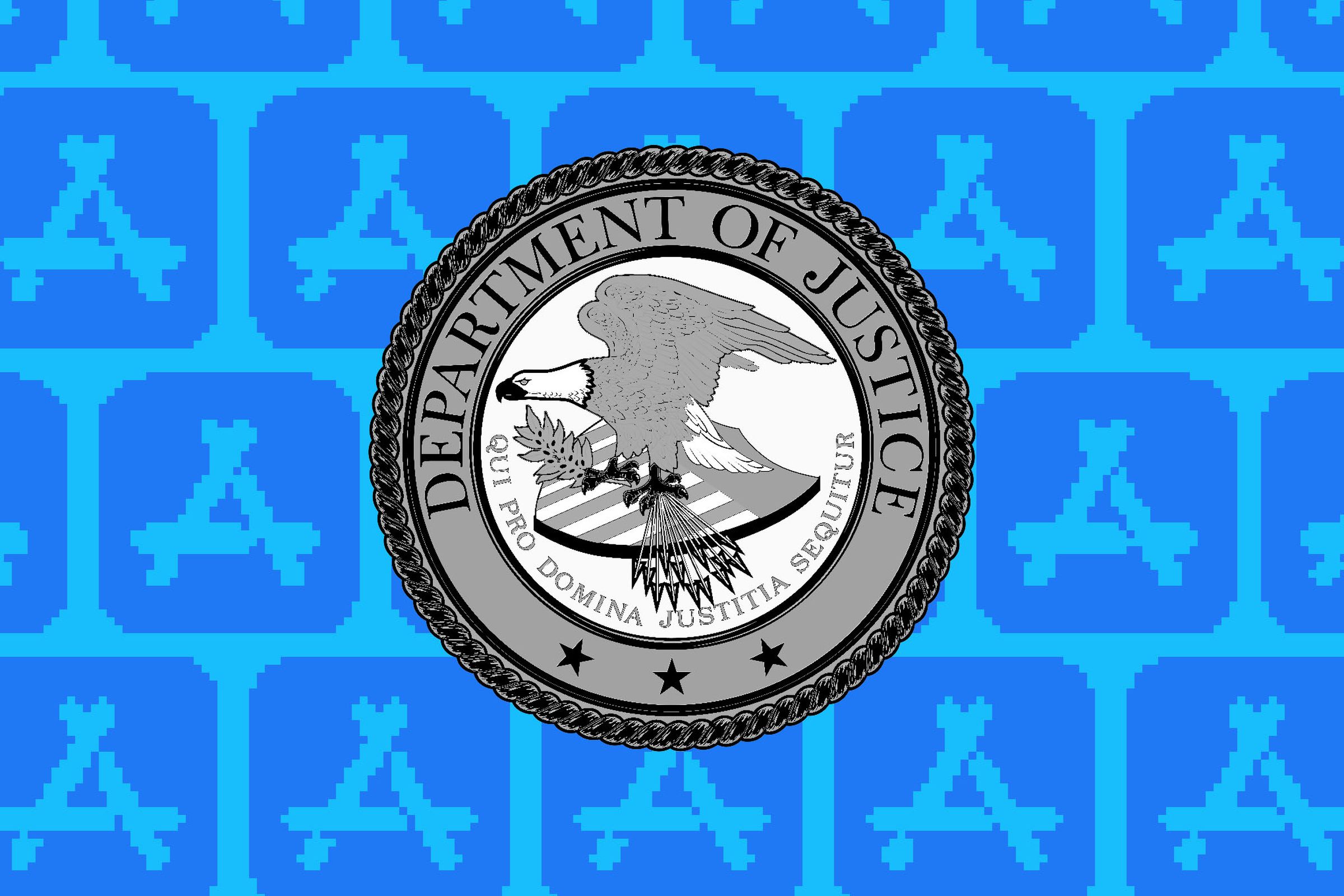 Photo collage of the Department of Justice seal in front of the App Store logo.