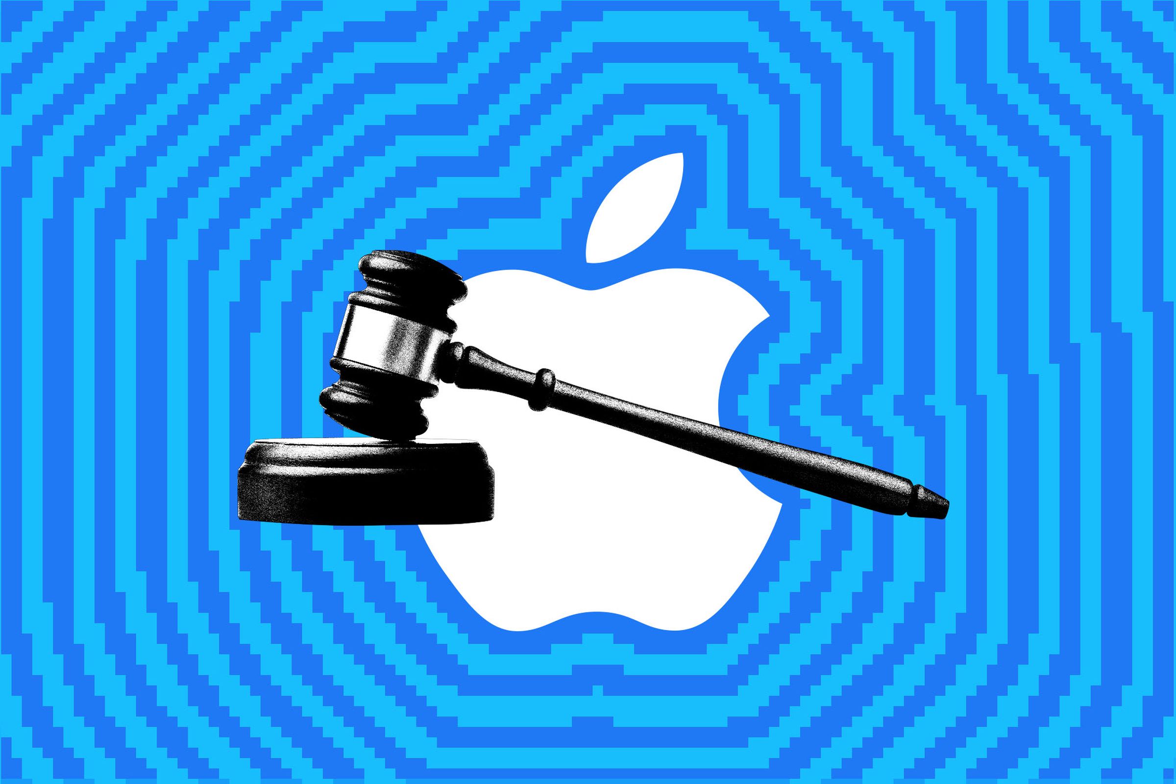 Illustration of the Apple logo behind a gavel.