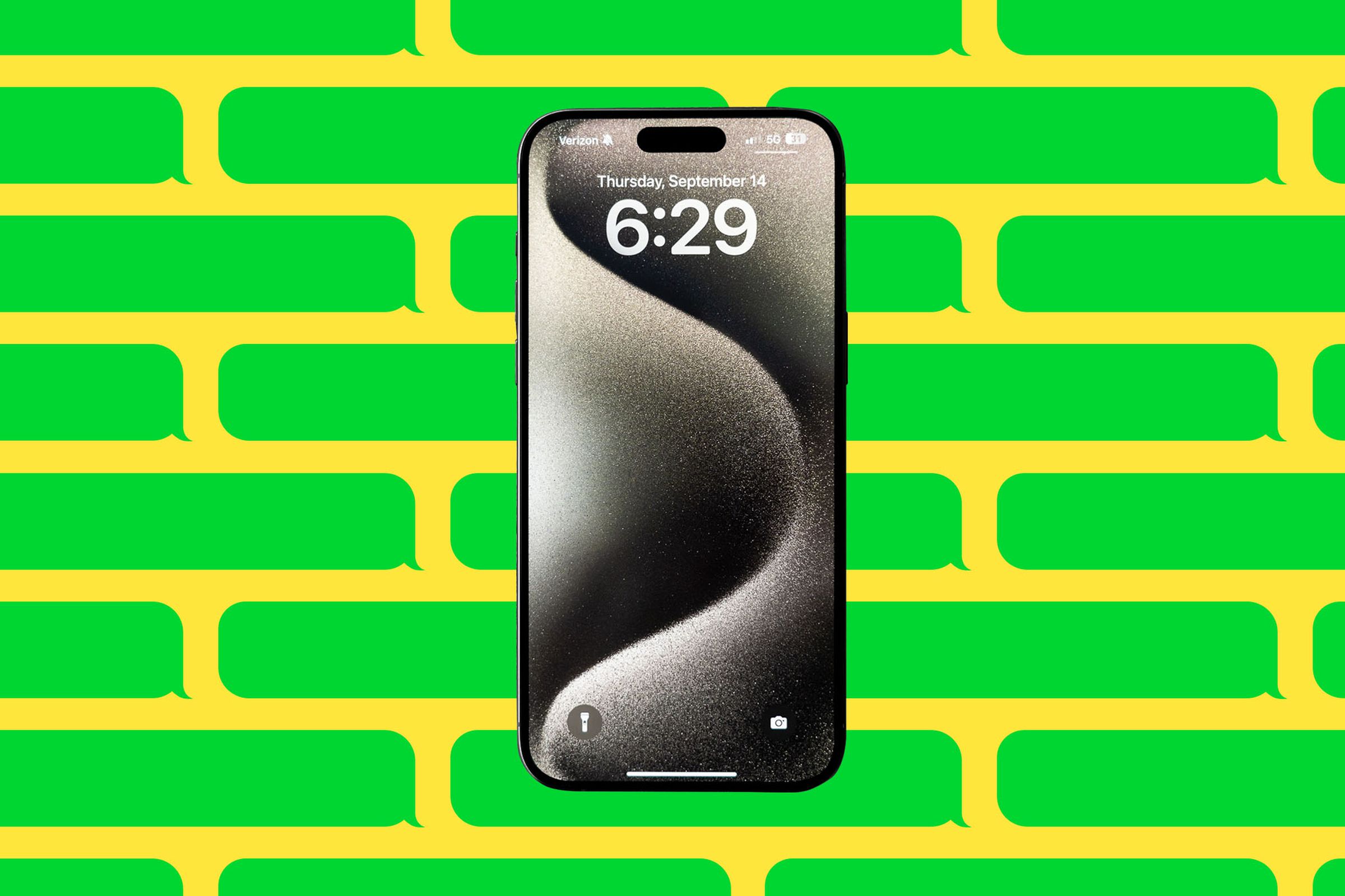 Illustration of an iPhone surrounded by green message bubbles.