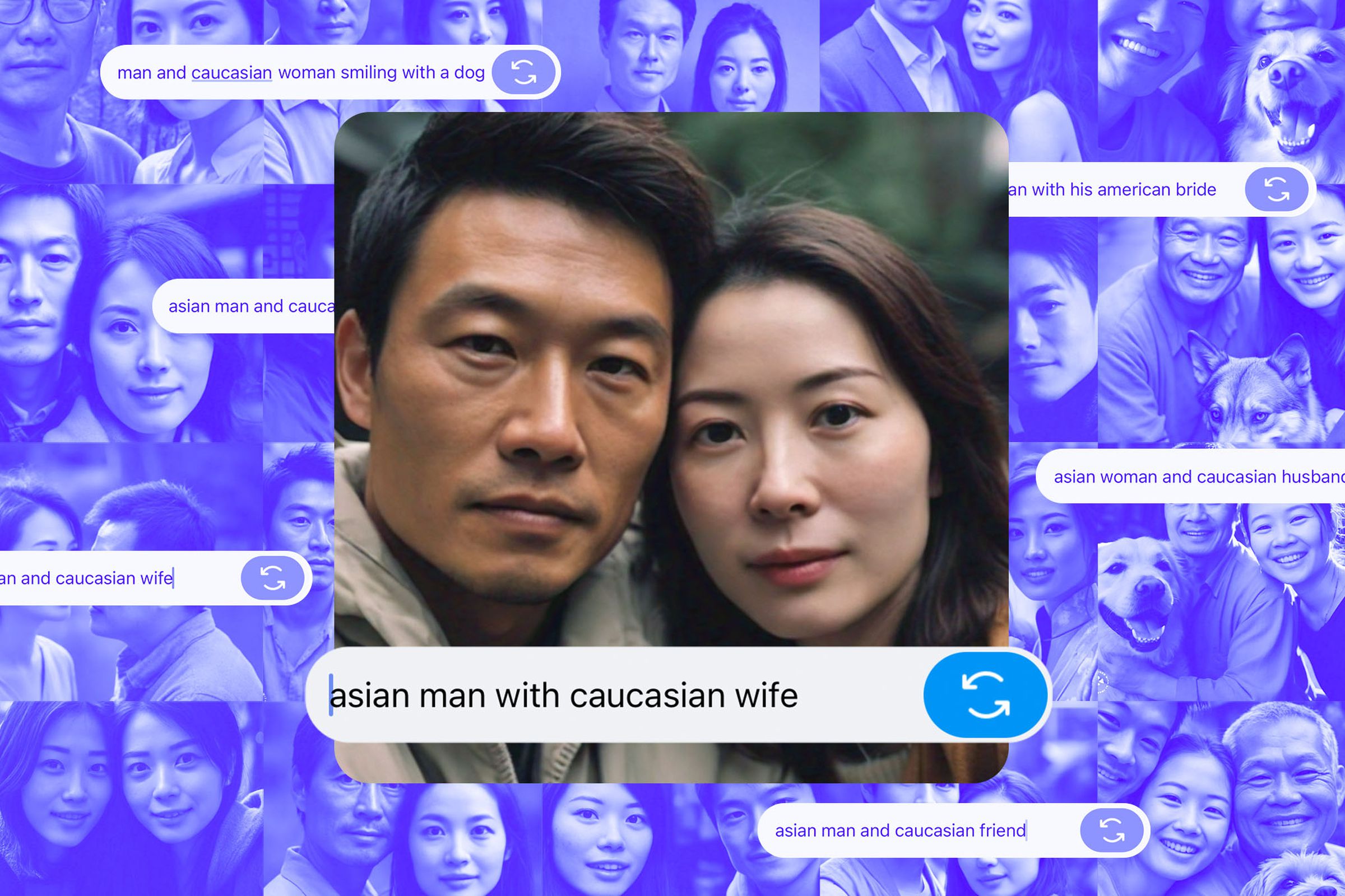 Photo collage of screenshots from Meta AI showing inaccurate images with Asian people.