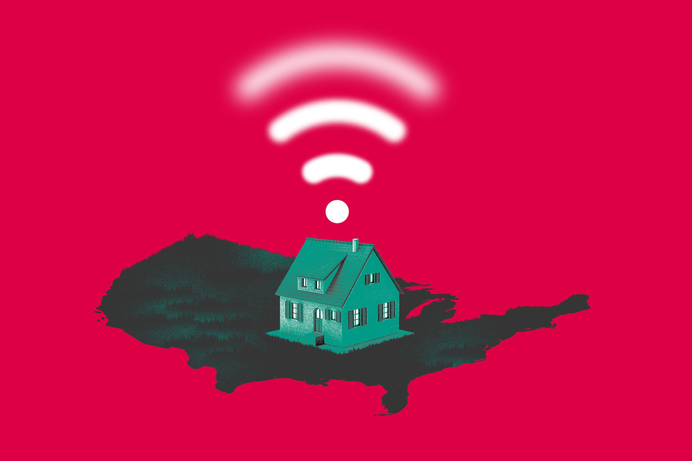 Photo illustration of a house on a United States map with a wifi symbol that is fading away.