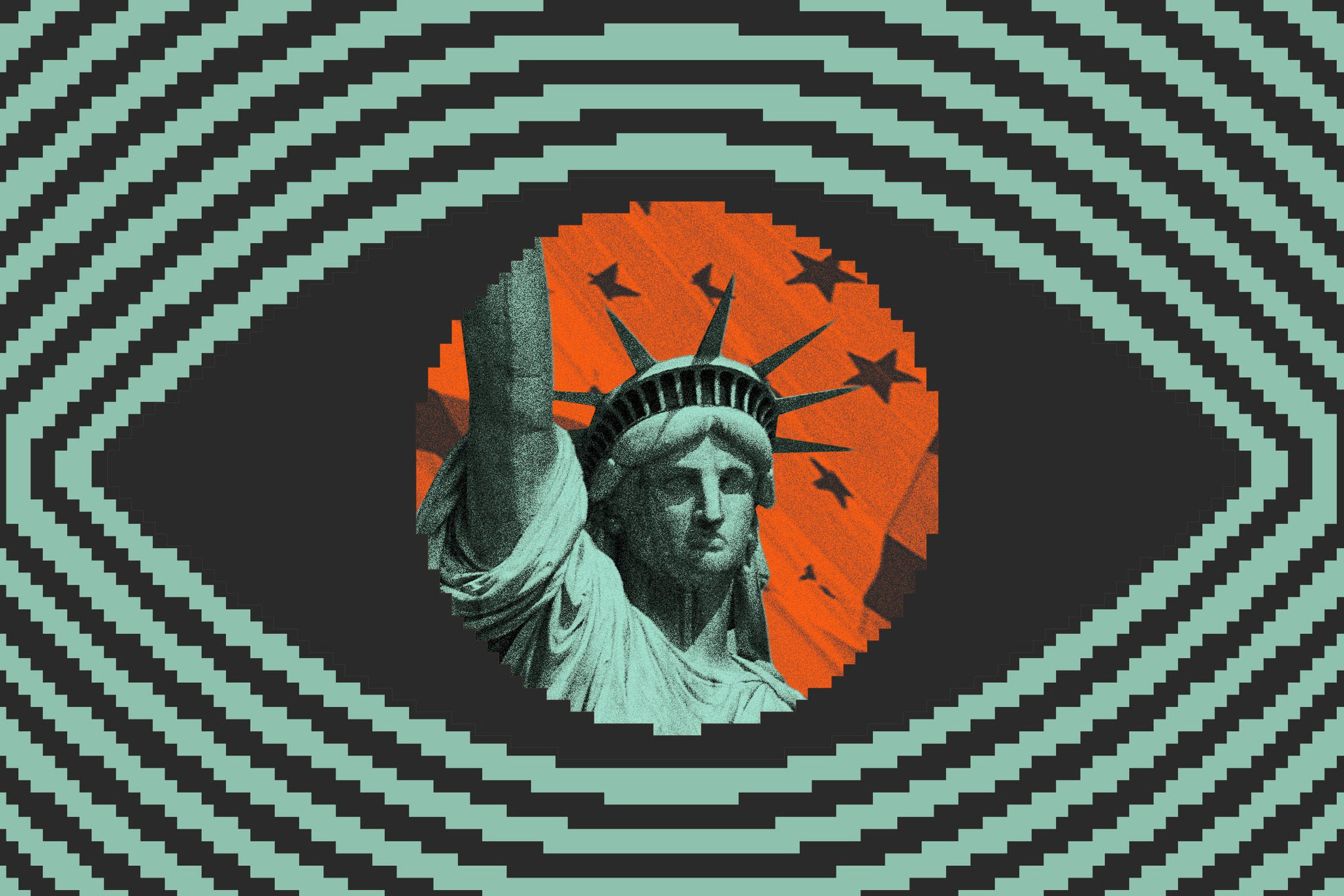Photo collage of the Statue of Liberty inside the iris of an eye.