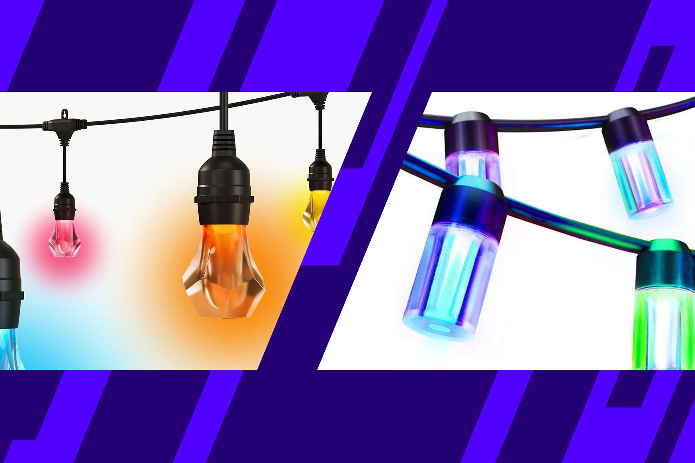 Photo collage showing two different brands of string lights.