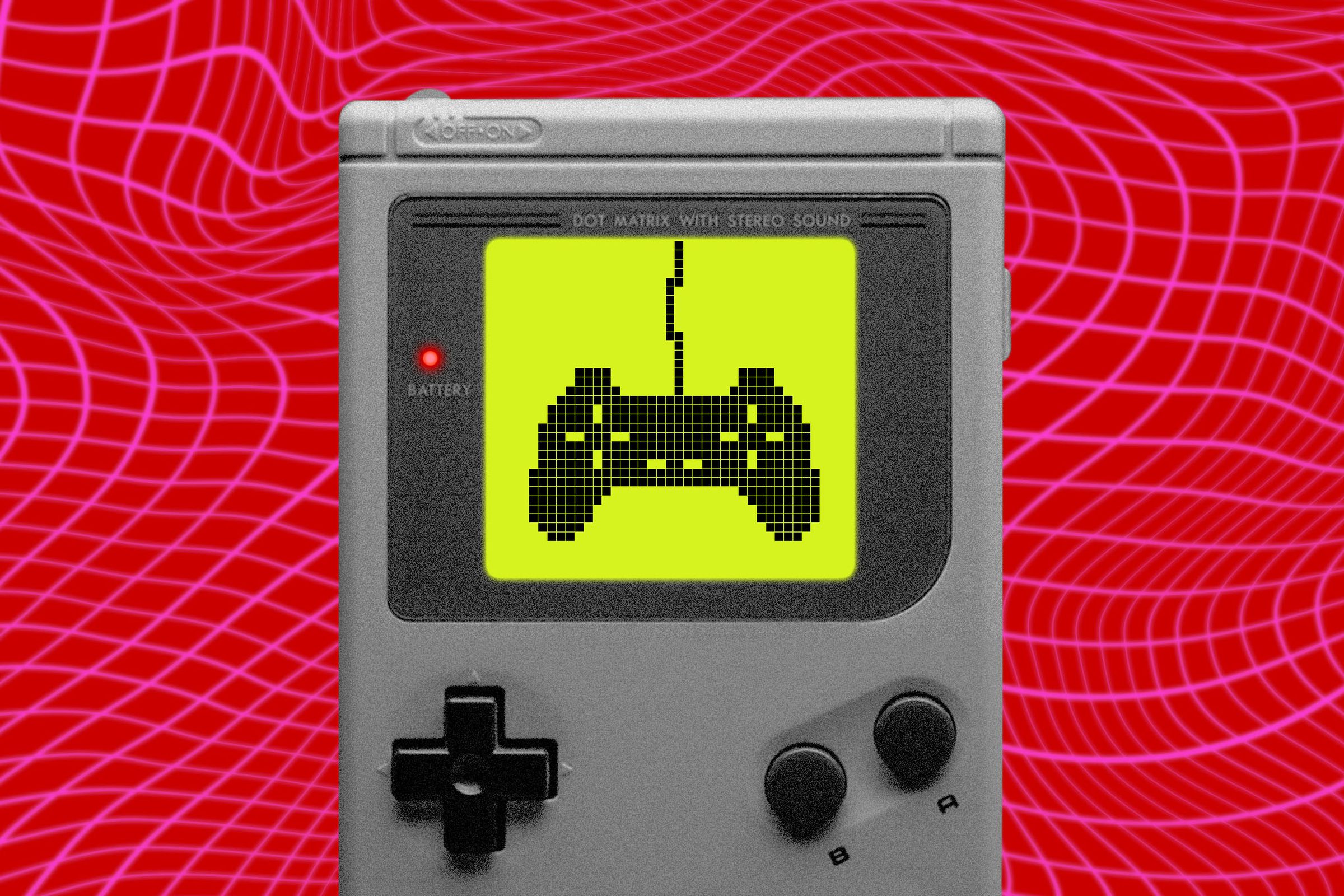 A photo collage of a Nintendo Game Boy with a PlayStation controller on the screen.