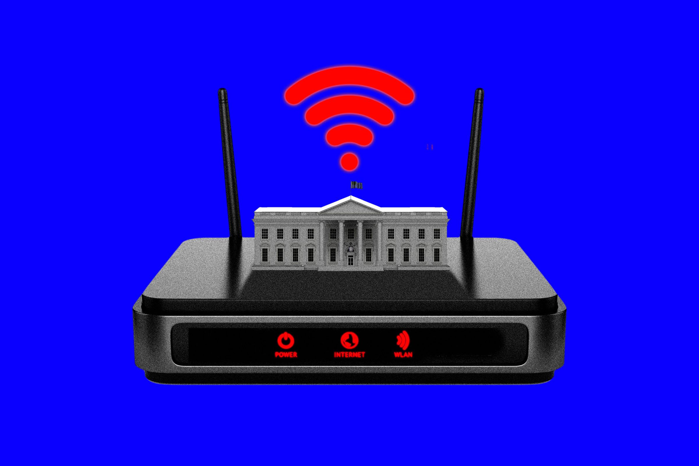 Photo illustration of the White House sitting on top of a router.