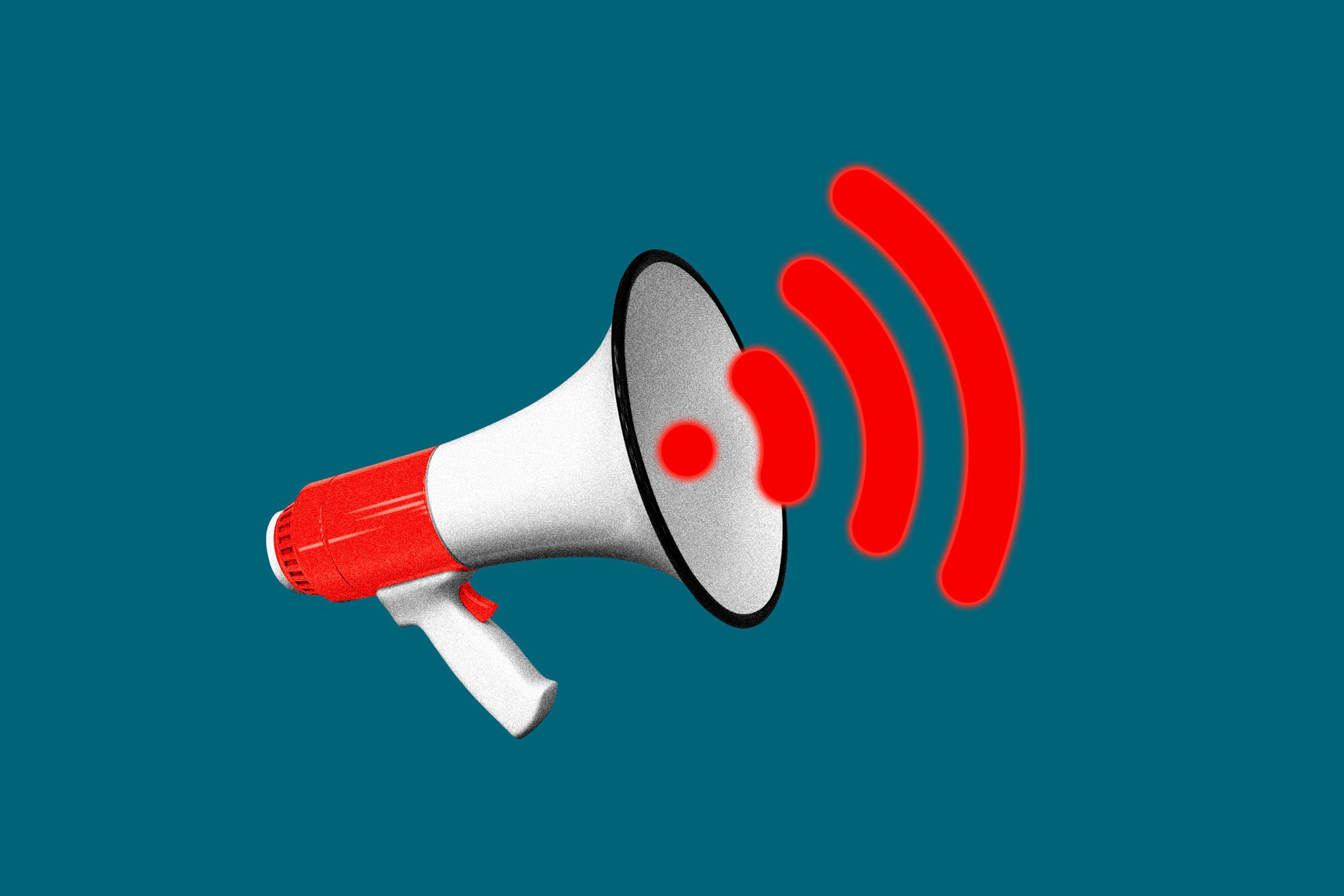 Photo illustration of a megaphone with a wifi symbol coming out of it.