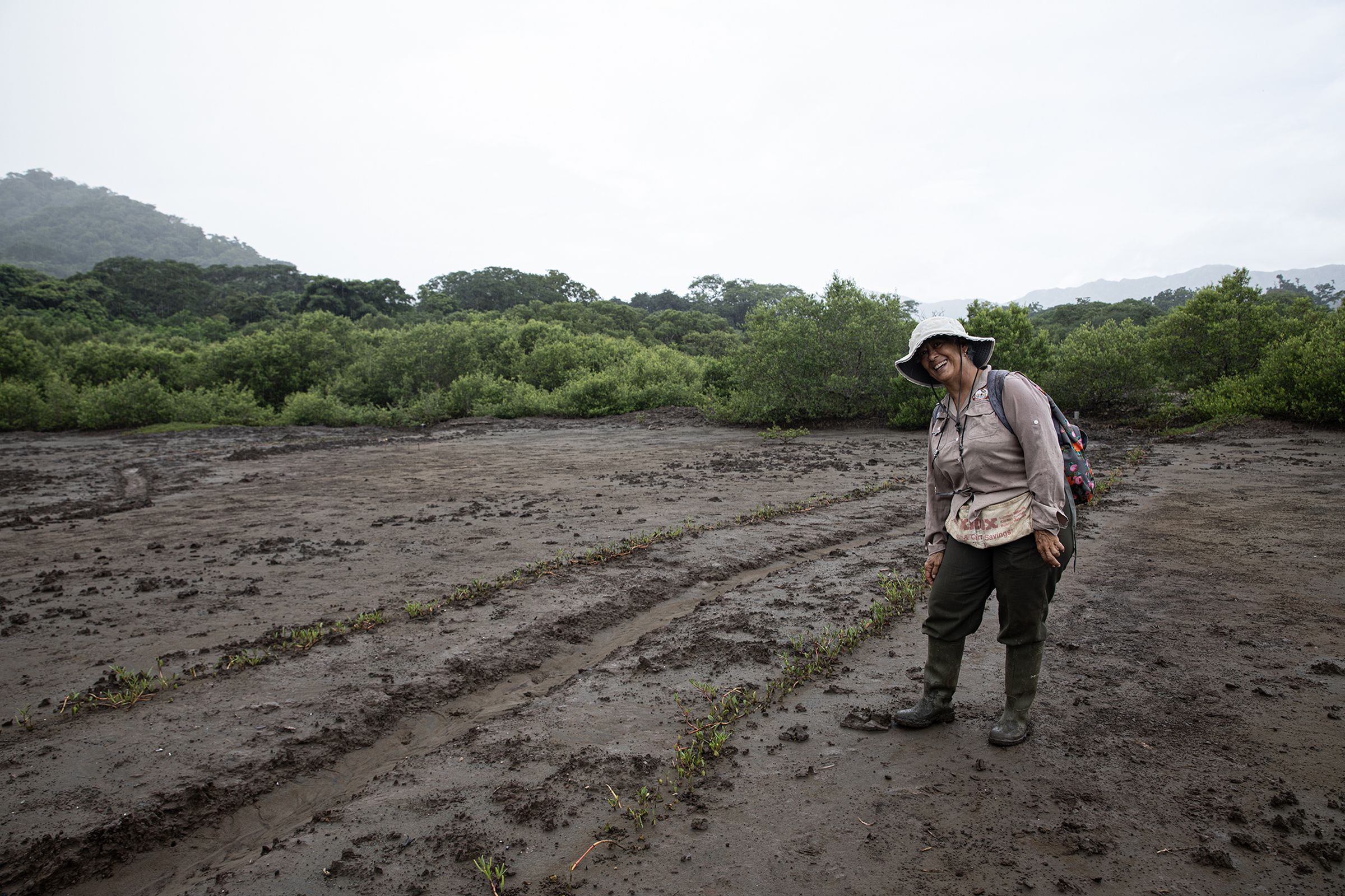 A woman stands next to seedlings planted next to a shallowly dug canal. Behind an open stretch of muddy land, you can see a mangrove forest.