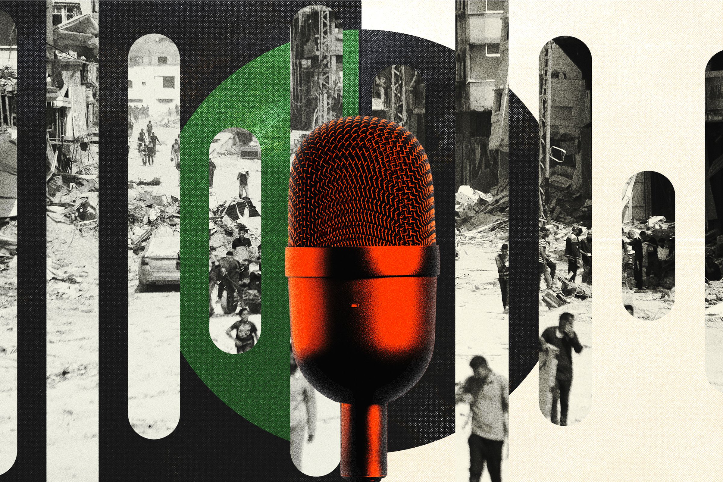 Illustration of a microphone on top of a collage of an image of Gaza City.