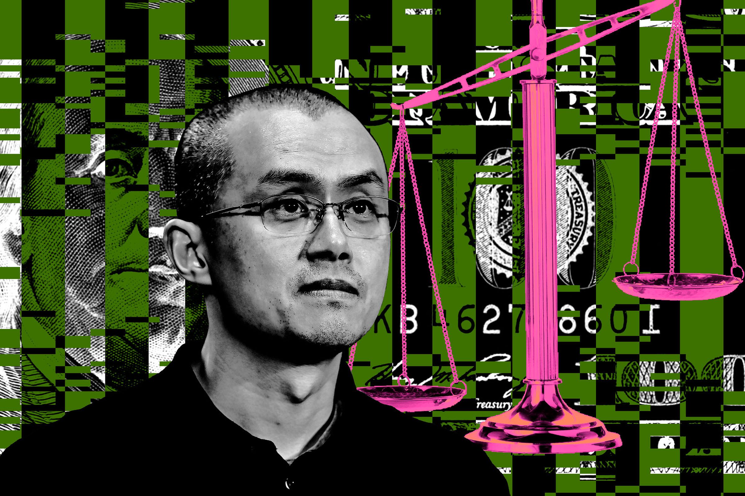 Photo collage of Changpeng Zhao in front of a background of black stripes, justice scales, and pixelated money.