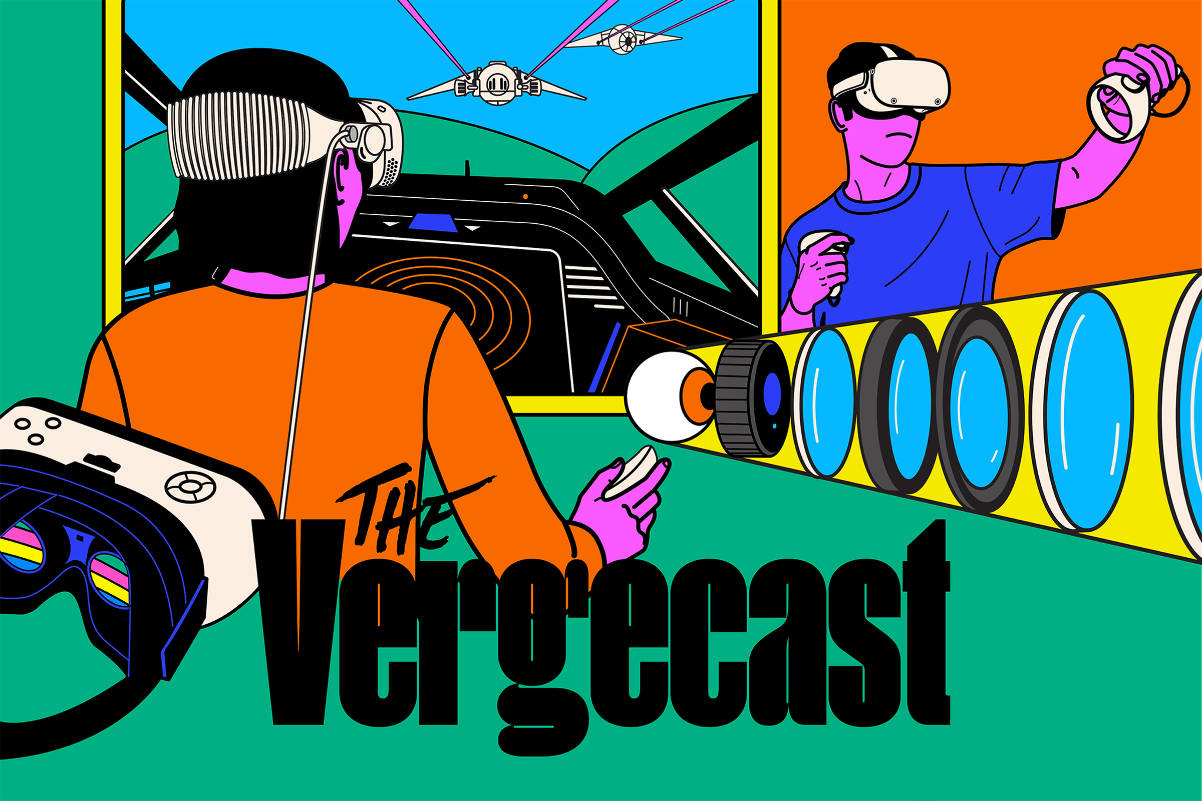 Vector illustration showing an aviation simulator being played by people with VR headsets.