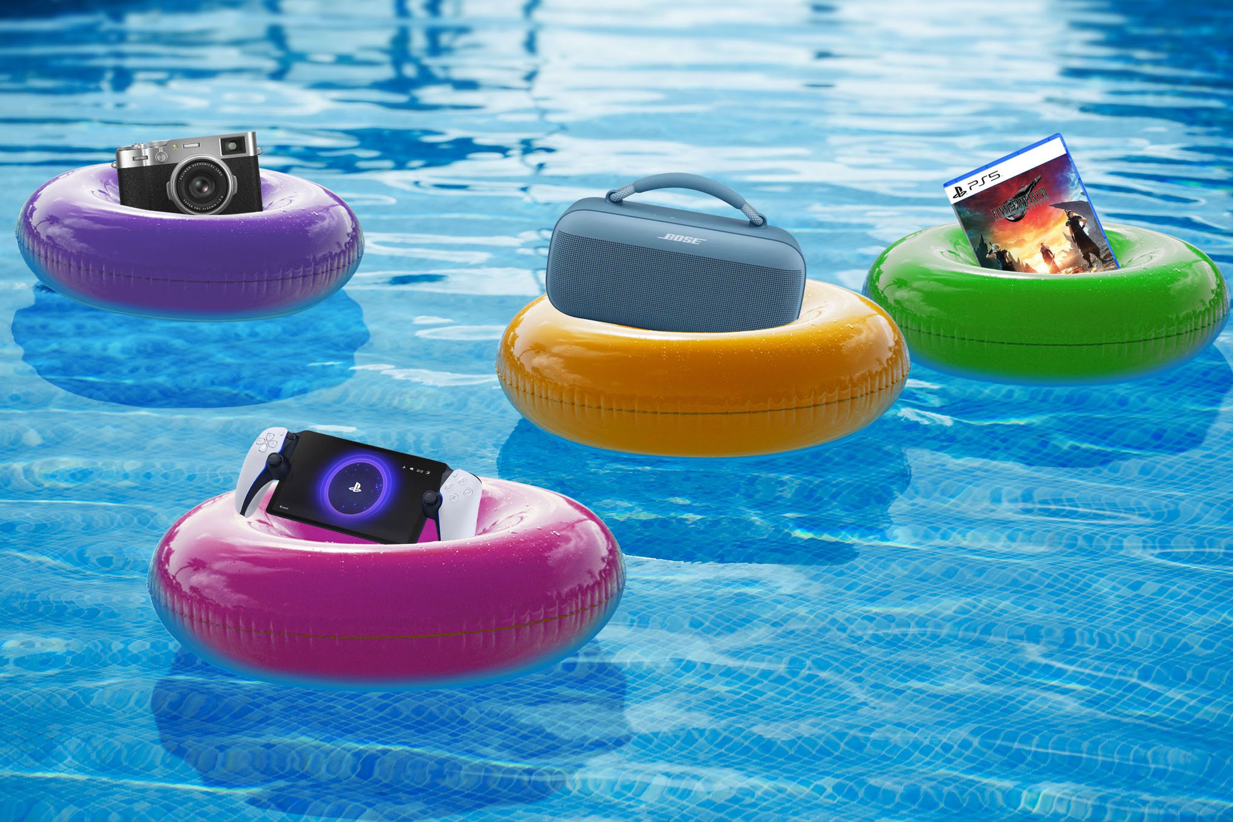 Photo collage illustration of various products floating on inner tubes in a pool.