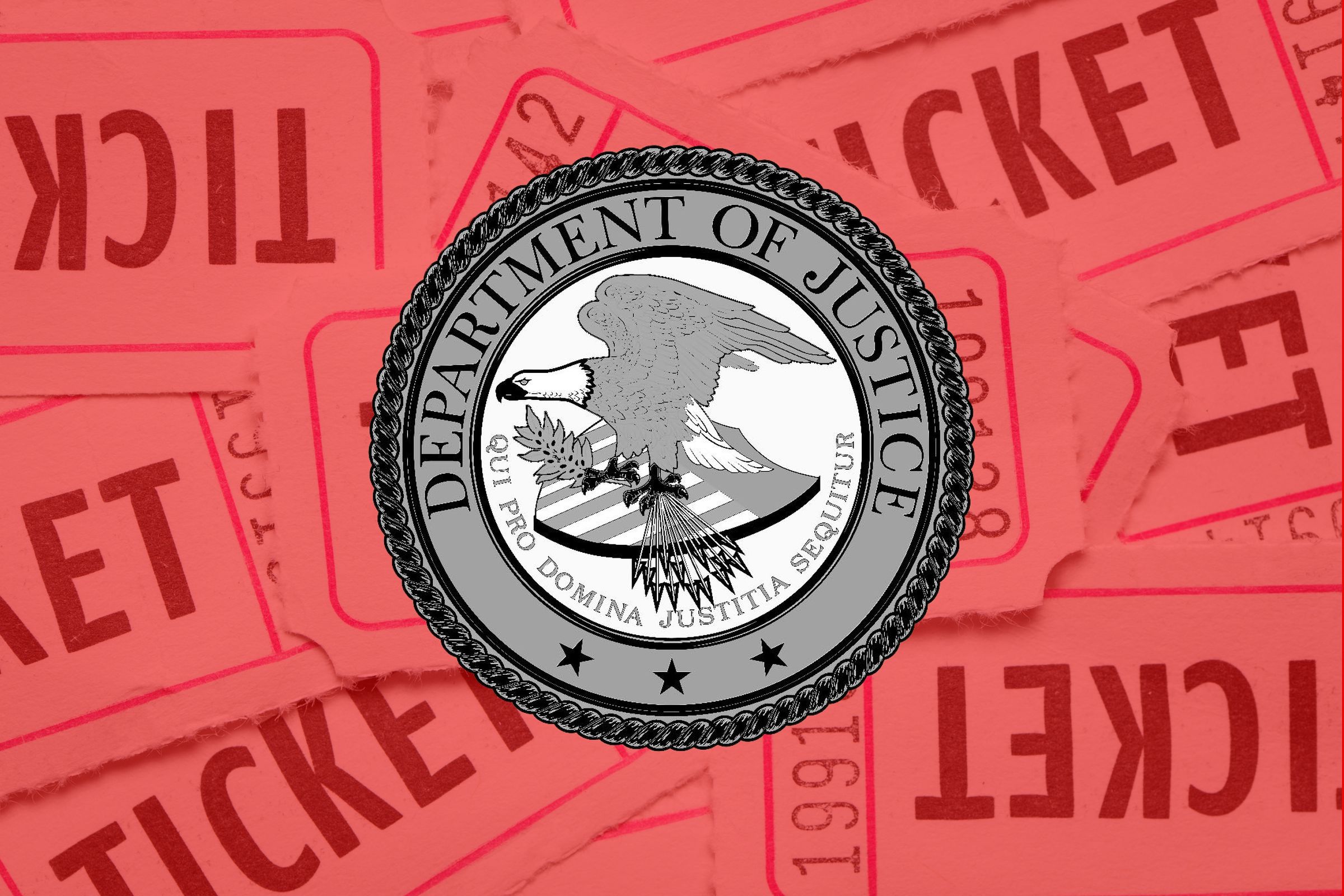 The US Department of Justice logo above a red ticket background.