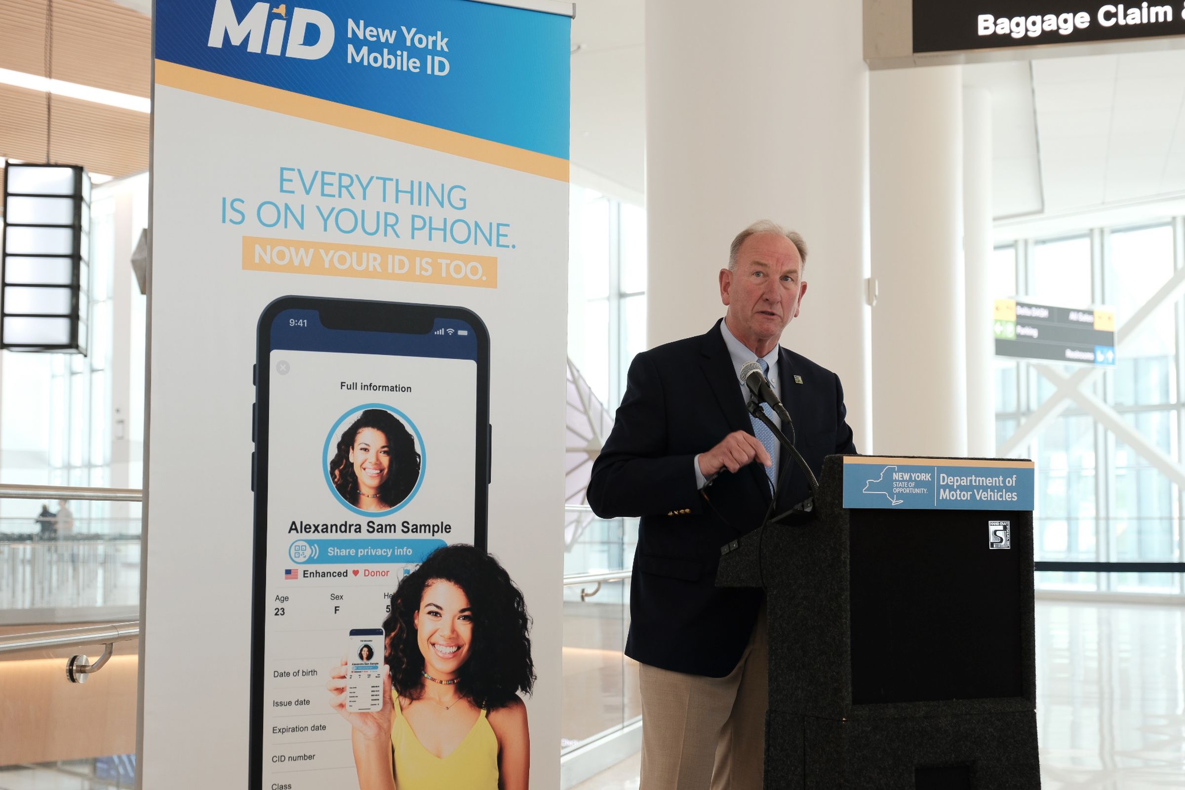 A photo of New York’s Mobile ID program being announced at LaGuardia Airport.