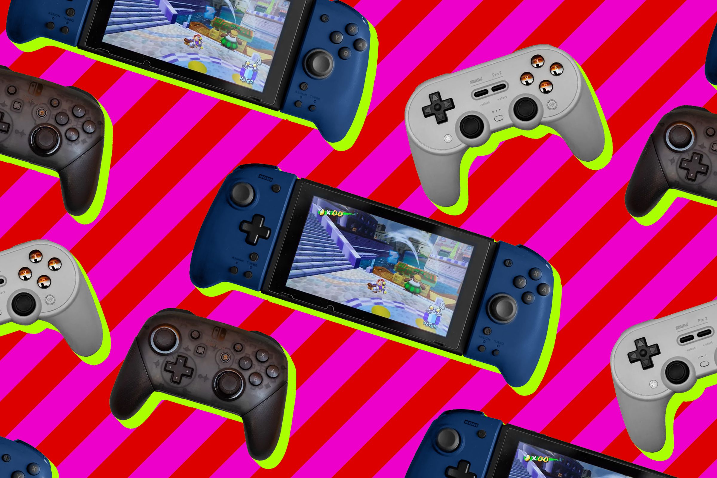 Photocollage of a variety of Nintendo Switch controllers.