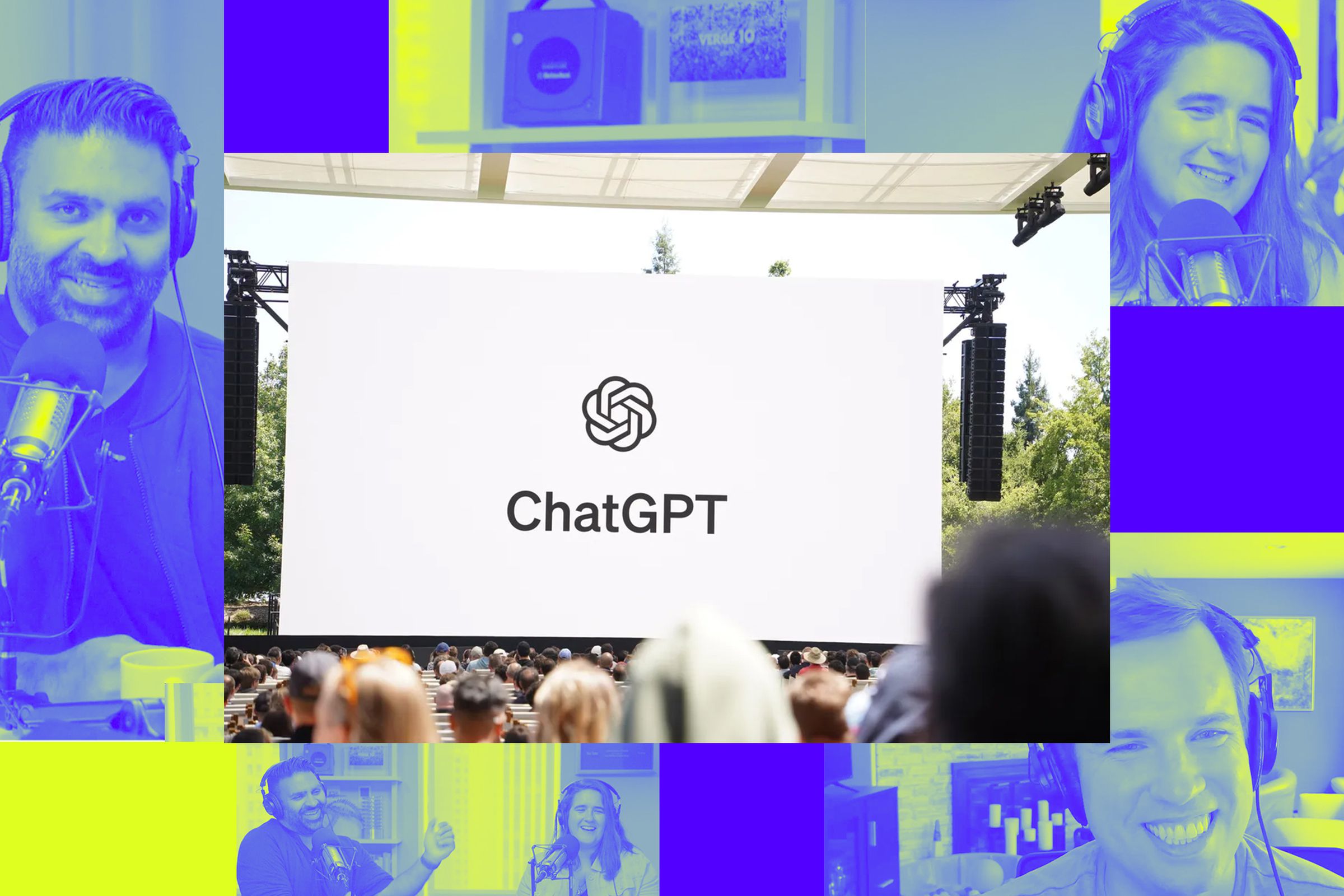 A photo of the ChatGPT logo over a Vergecast illustration.