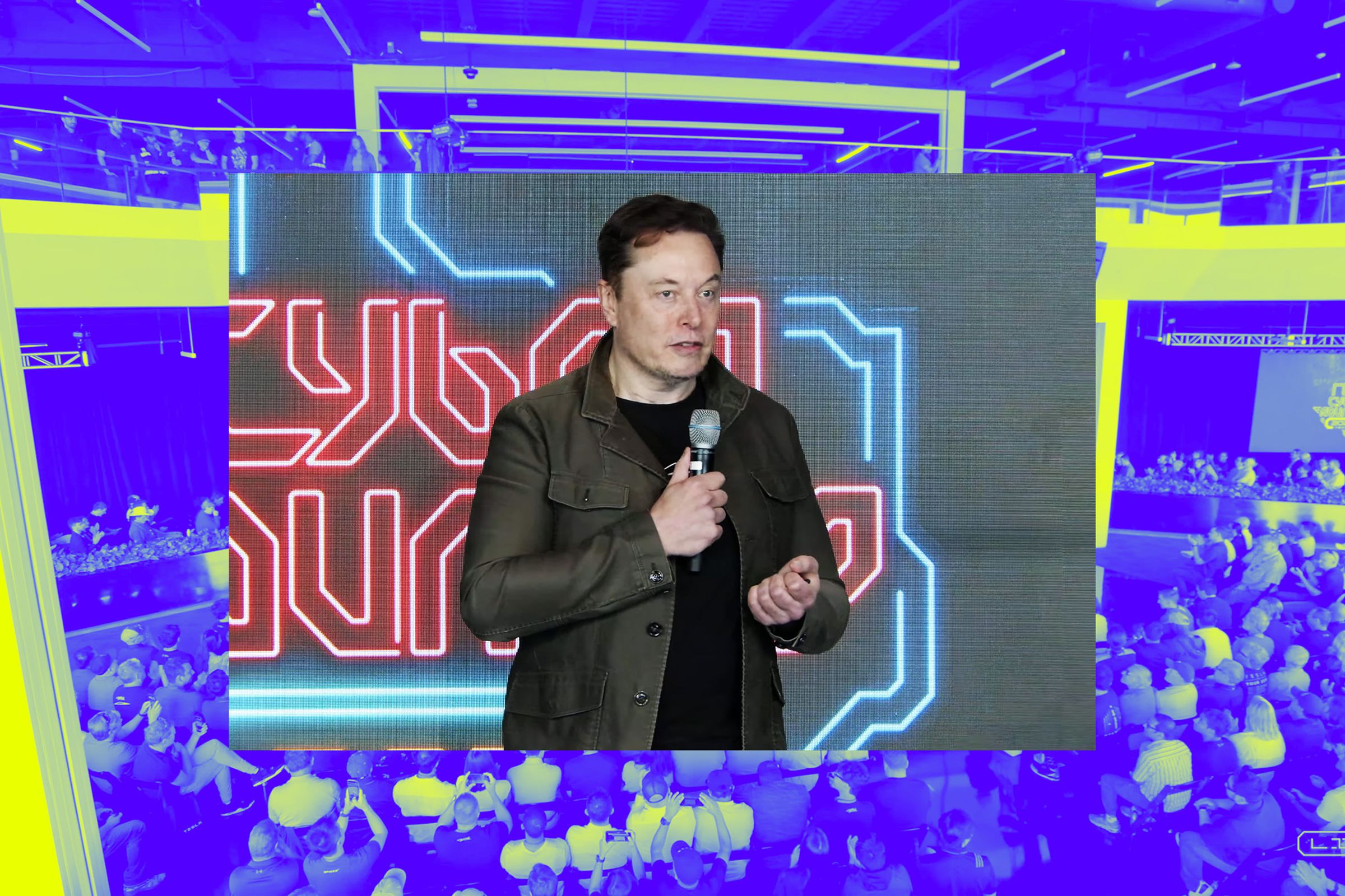 A photo of Elon Musk over a Vergecast illustration.
