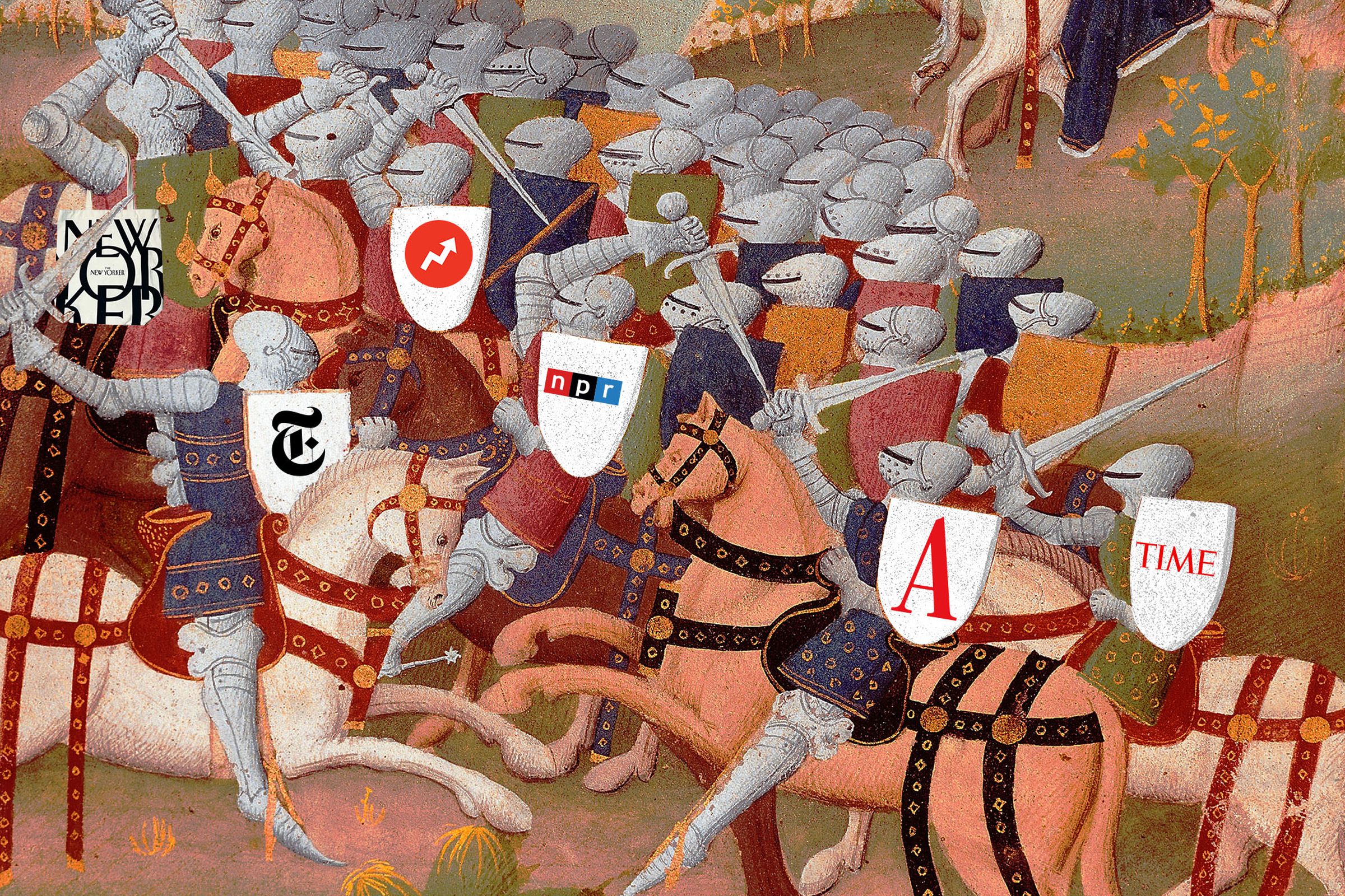 Collage of a piece of medieval art of knights battling but their shields are different news media company logos.