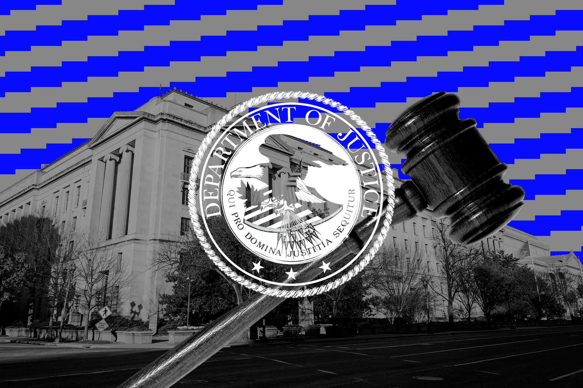Photo collage of the Department of Justice seal in front of the Robert F. Kennedy building.