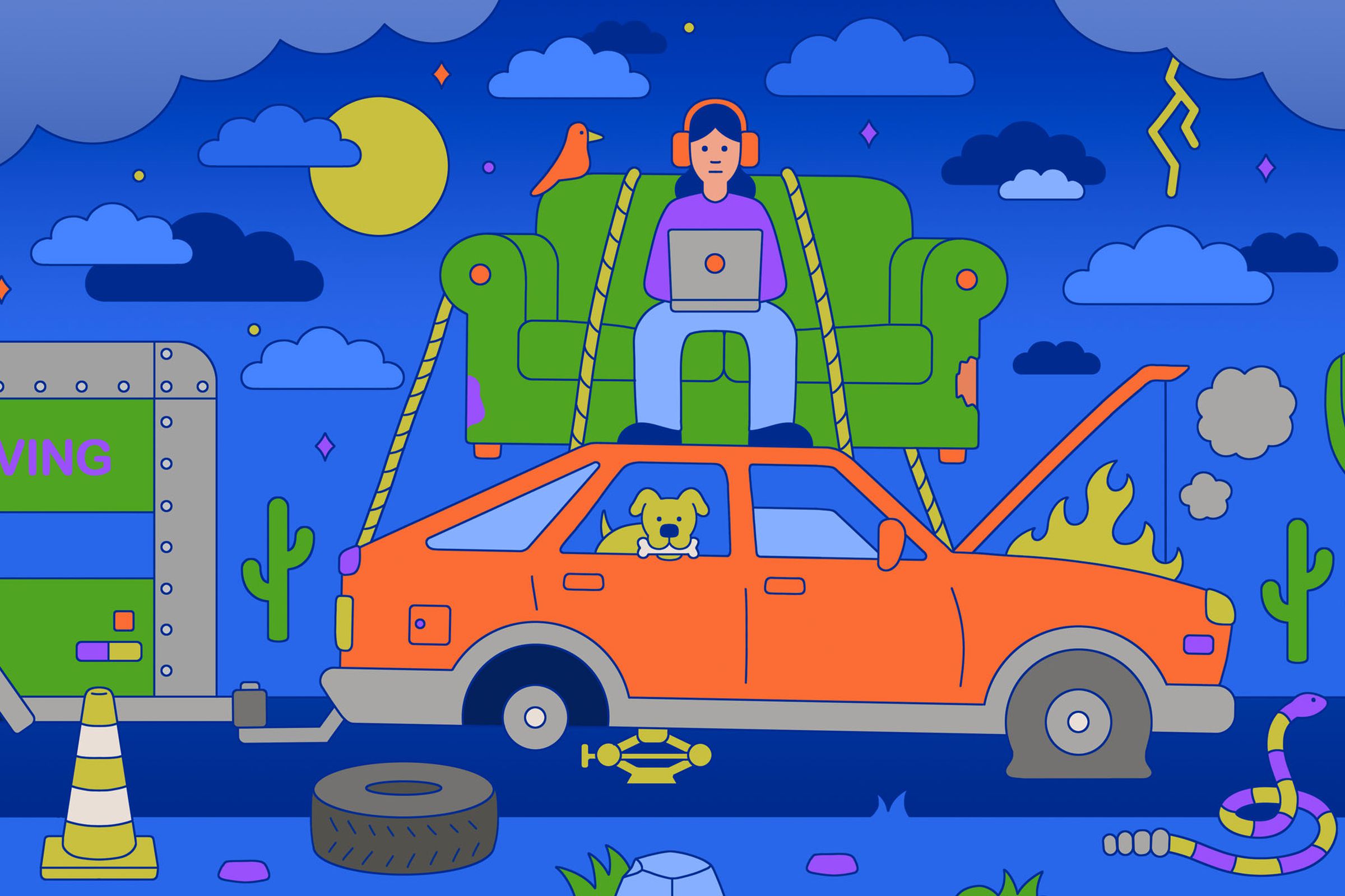 Illustration of a person remote working from on top of their couch that is strapped to a car broken down in the desert.