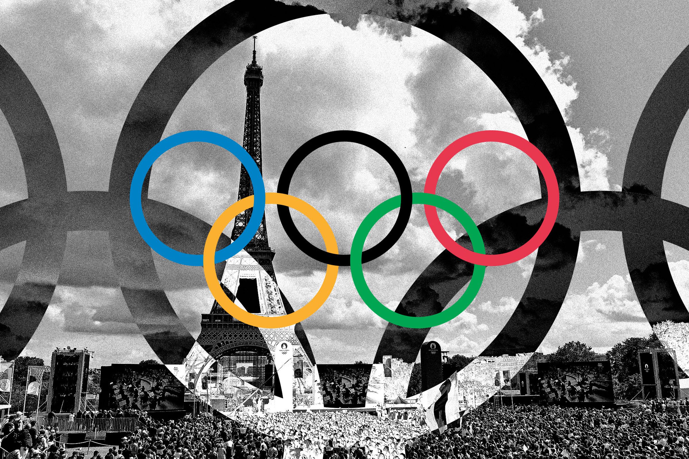 Photo collage of the Olympics rings over a photo of a Paris Olympics event.