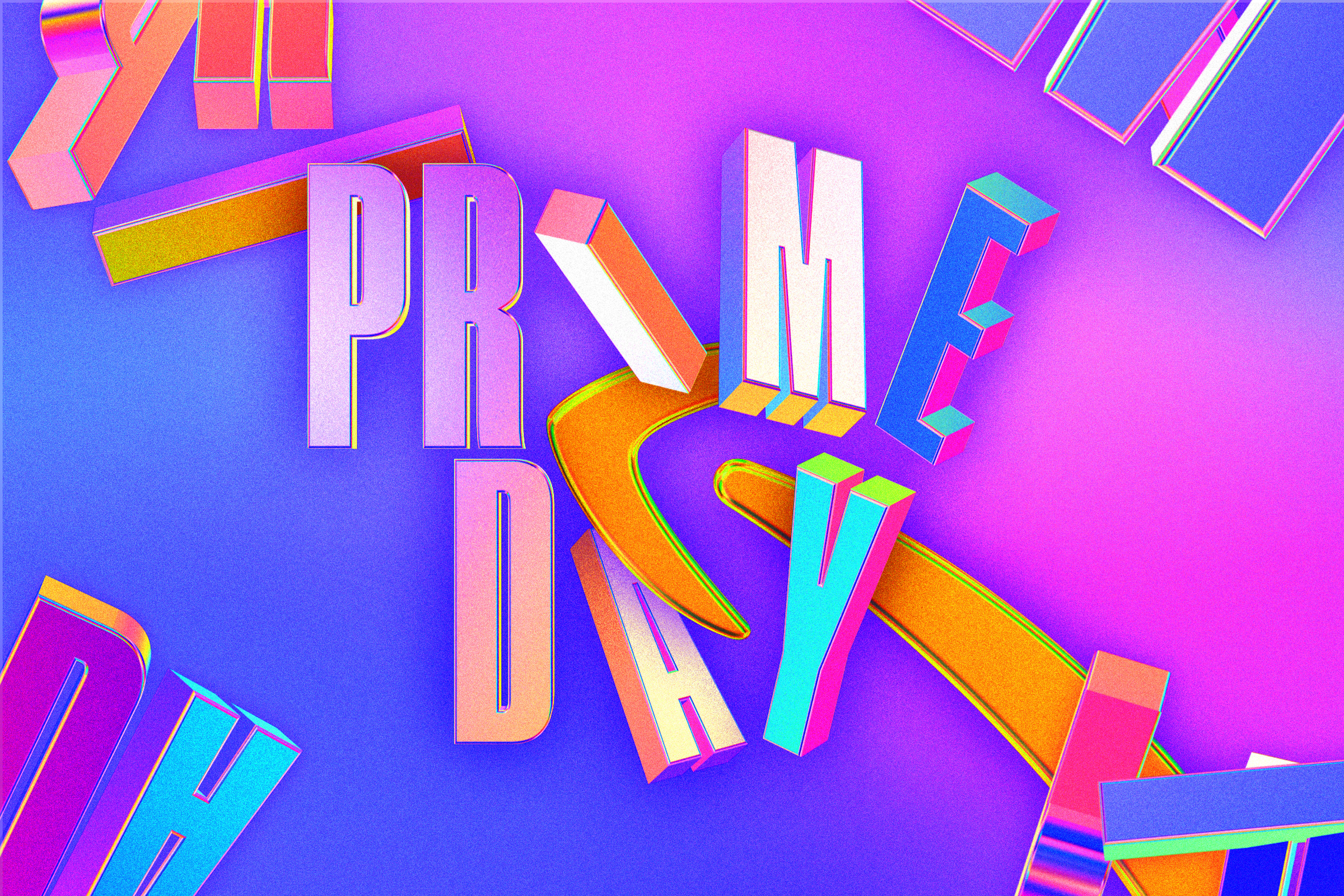 Illustration featuring soft gradients of the letters that spell Prime Day being pushed aside by an Amazon arrow.