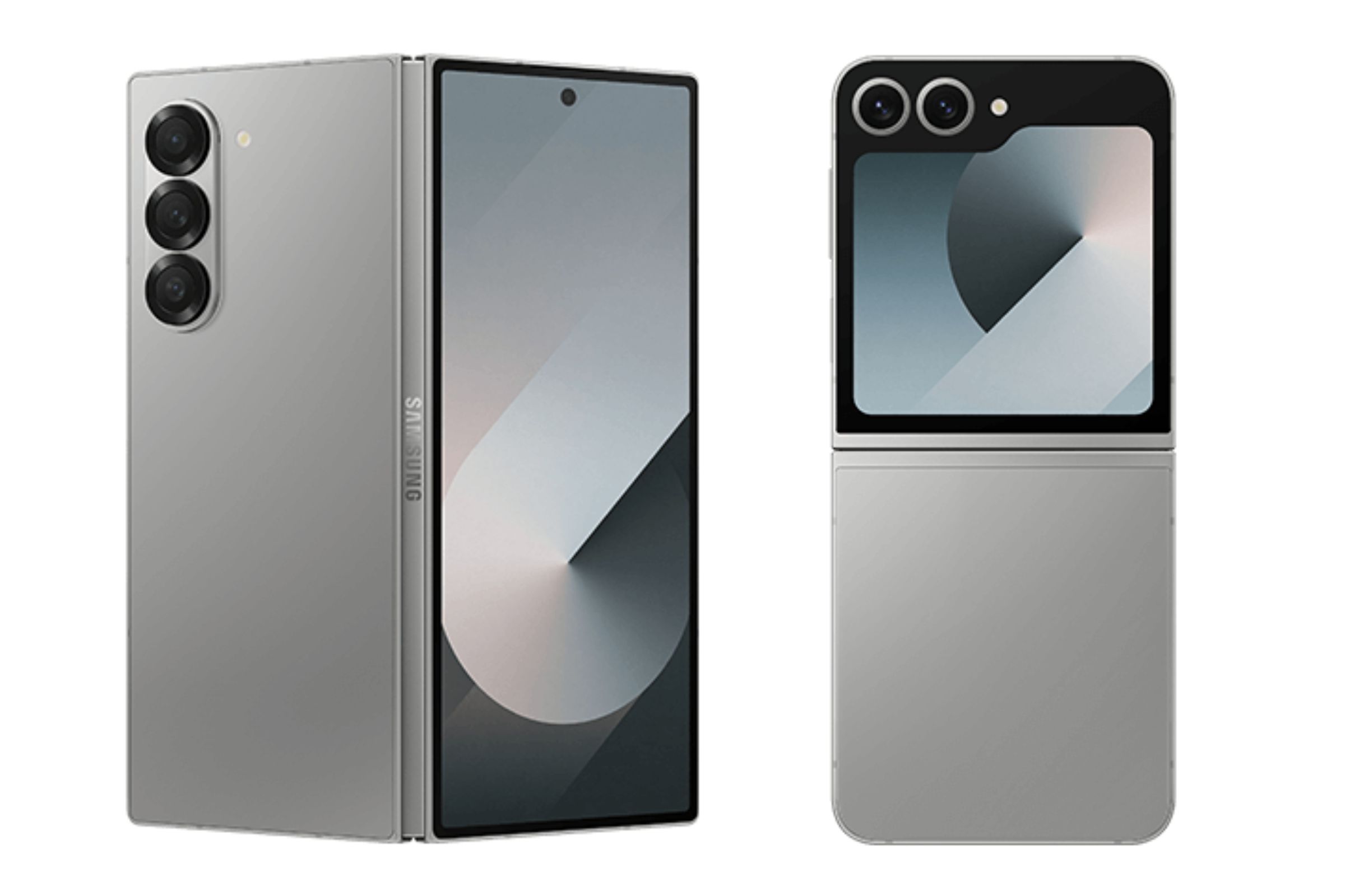 Leaked renders of the Samsung Galaxy Z Fold 6 and Flip 6 against a white backdrop.