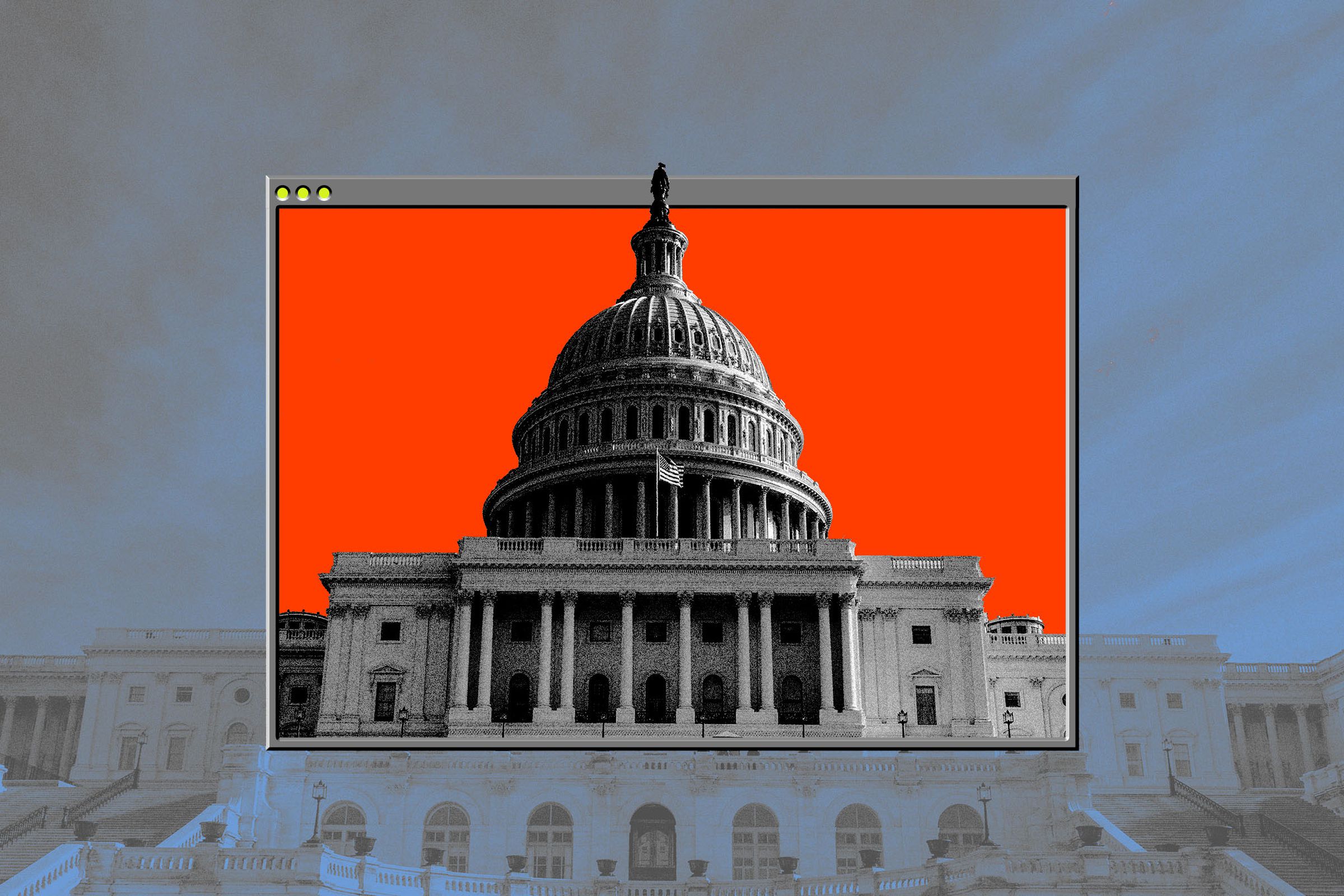 Photo collage of a photo of the US Capitol building coming out of a computer window.