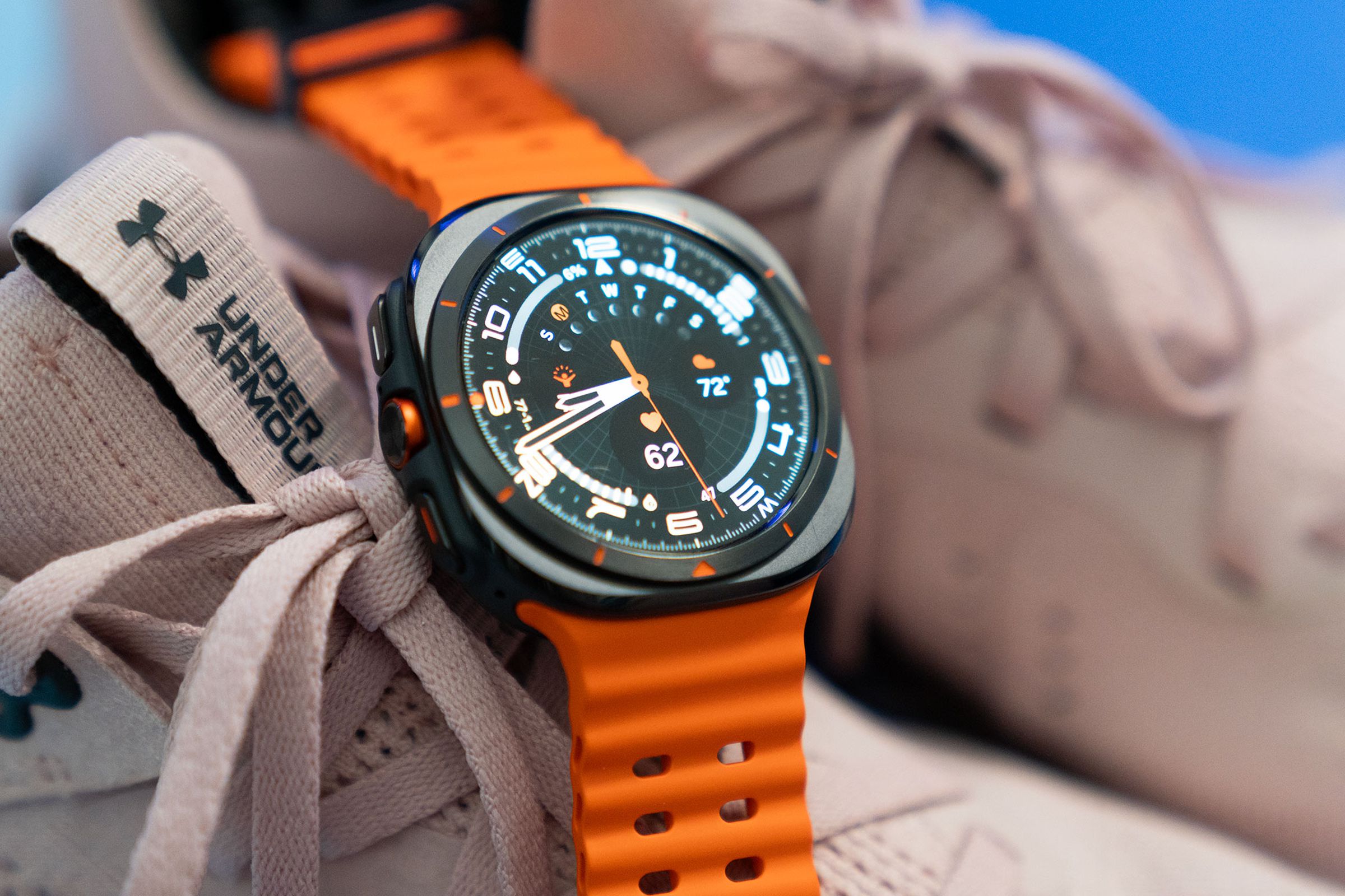 Close-up of Samsung Galaxy Watch Ultra on shoes
