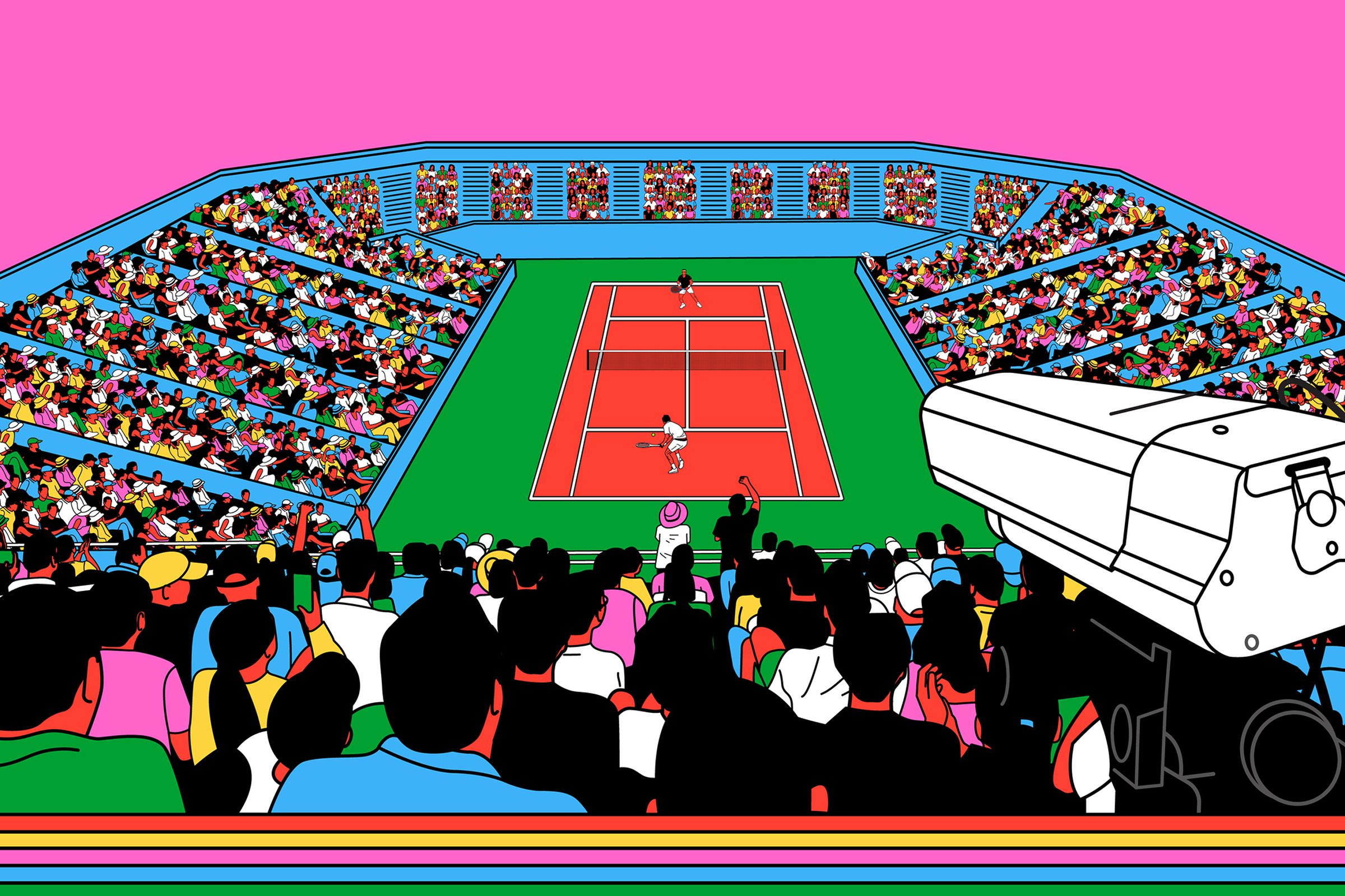 Vector illustration of a tennis match with a huge crowd and a camera in the foreground.