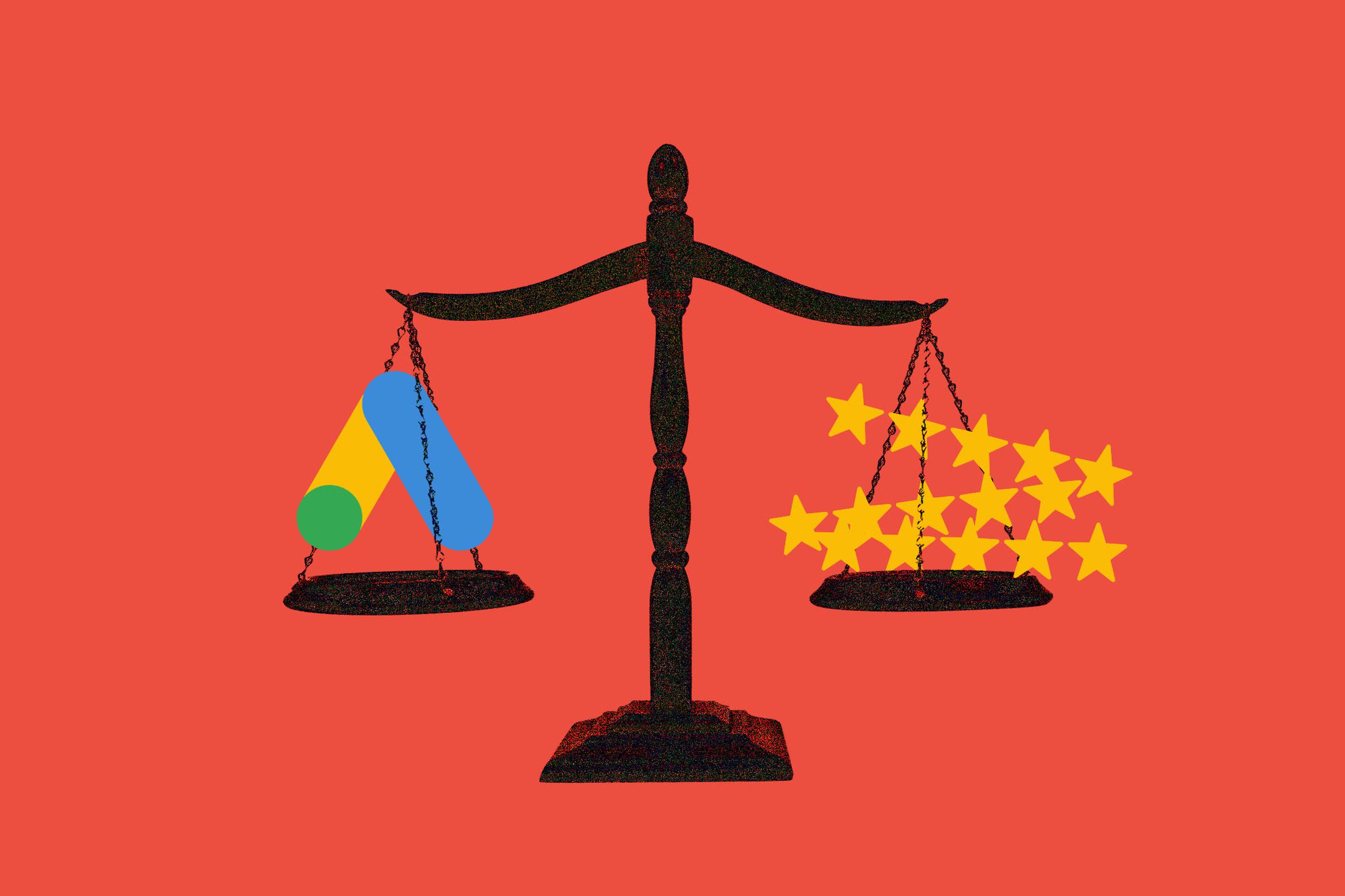 A set of justice scales weighing the Google Ads logo against stars.