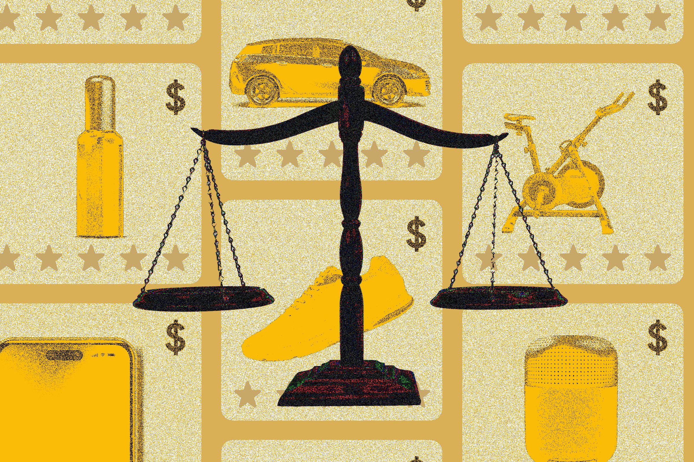 A set of justice scales in front of a background of various ads for products.