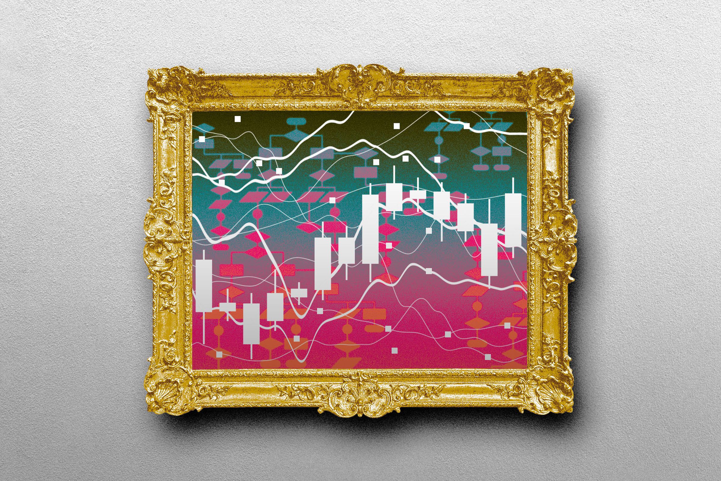 Photo collage of an interactive algorithm inside a gilded picture frame.